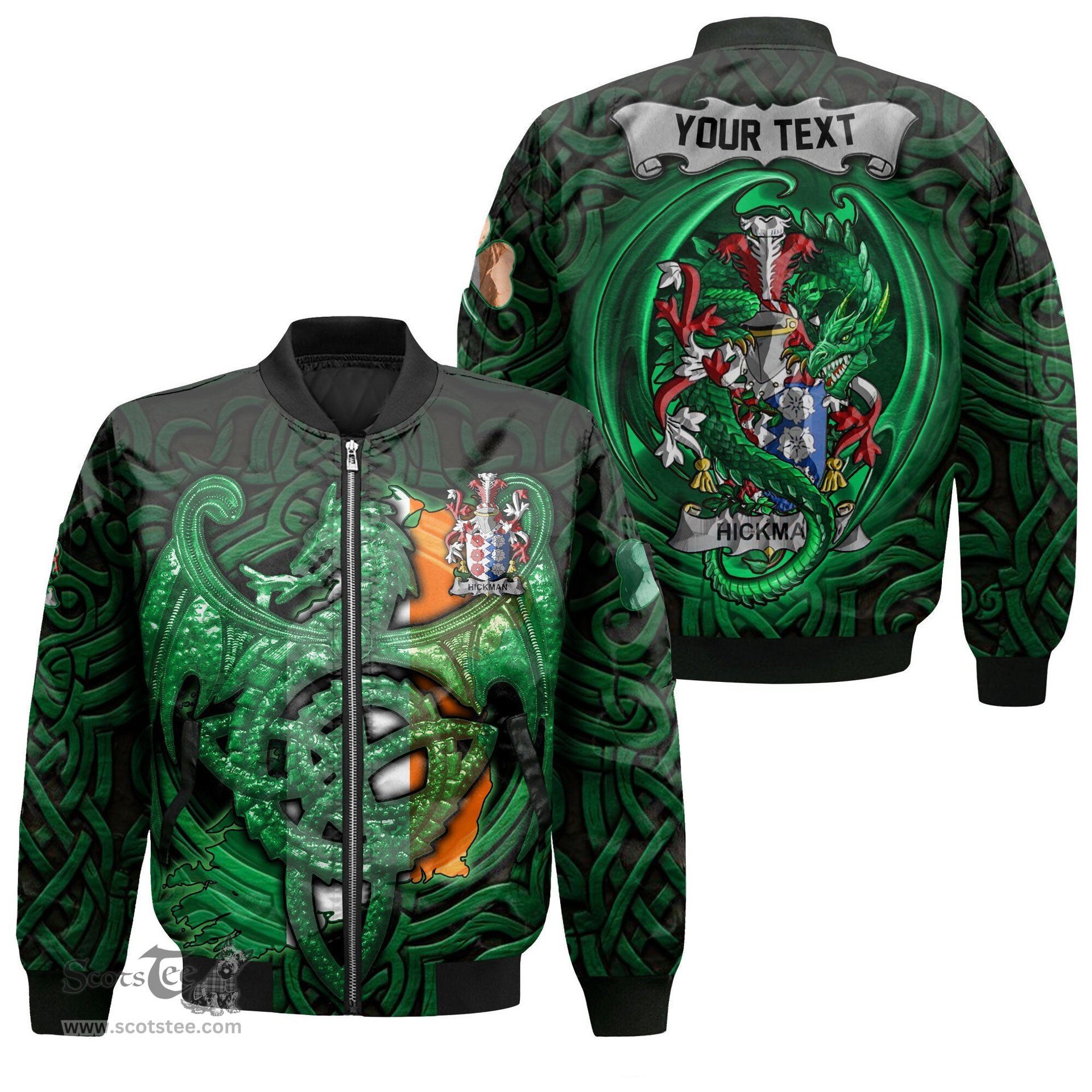 ScotsTee Shop Irish Hickman Coat of Arms Irish Jacket Family Crest Green Dragon Of Ireland Bomber Jacket