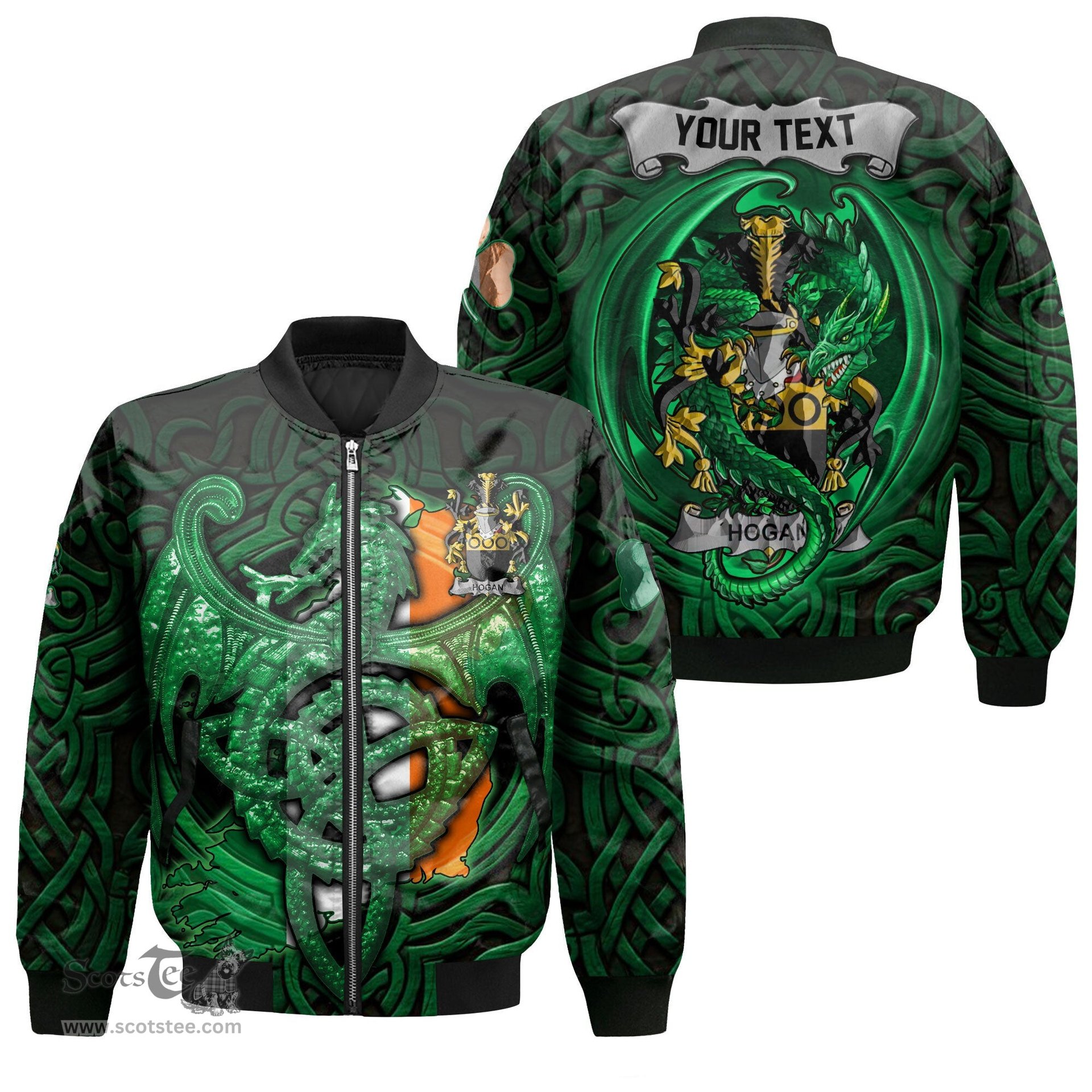 ScotsTee Shop Irish Hogan or O Hogan Coat of Arms Irish Jacket Family Crest Green Dragon Of Ireland Bomber Jacket