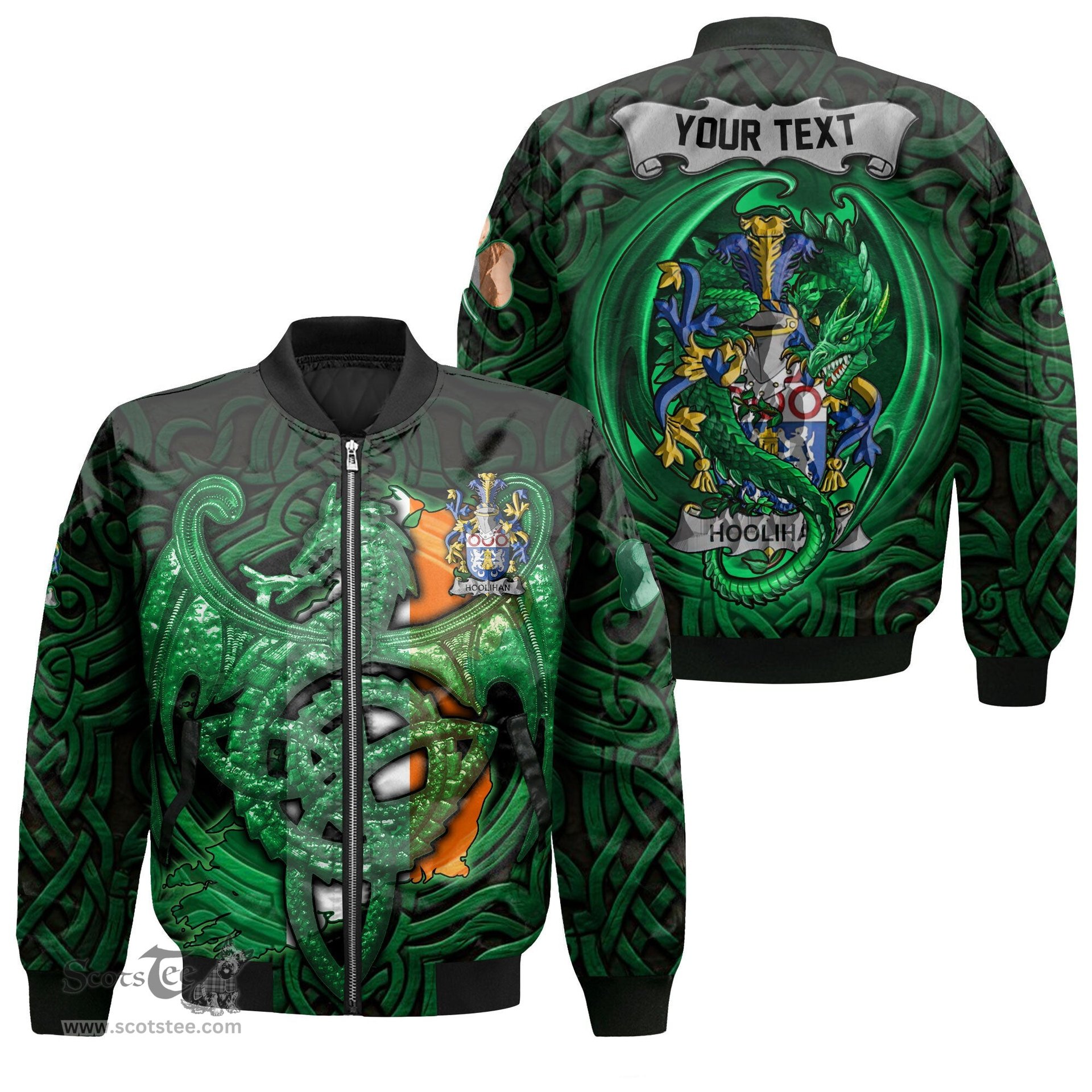 ScotsTee Shop Irish Hoolihan or O Holohan Coat of Arms Irish Jacket Family Crest Green Dragon Of Ireland Bomber Jacket