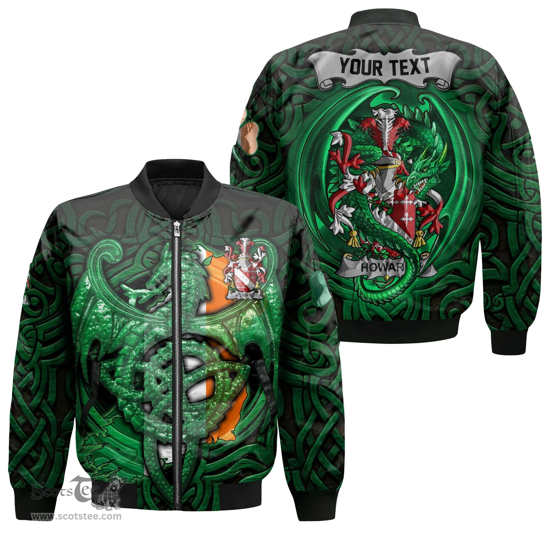 ScotsTee Shop Irish Howard Coat of Arms Irish Jacket Family Crest Green Dragon Of Ireland Bomber Jacket
