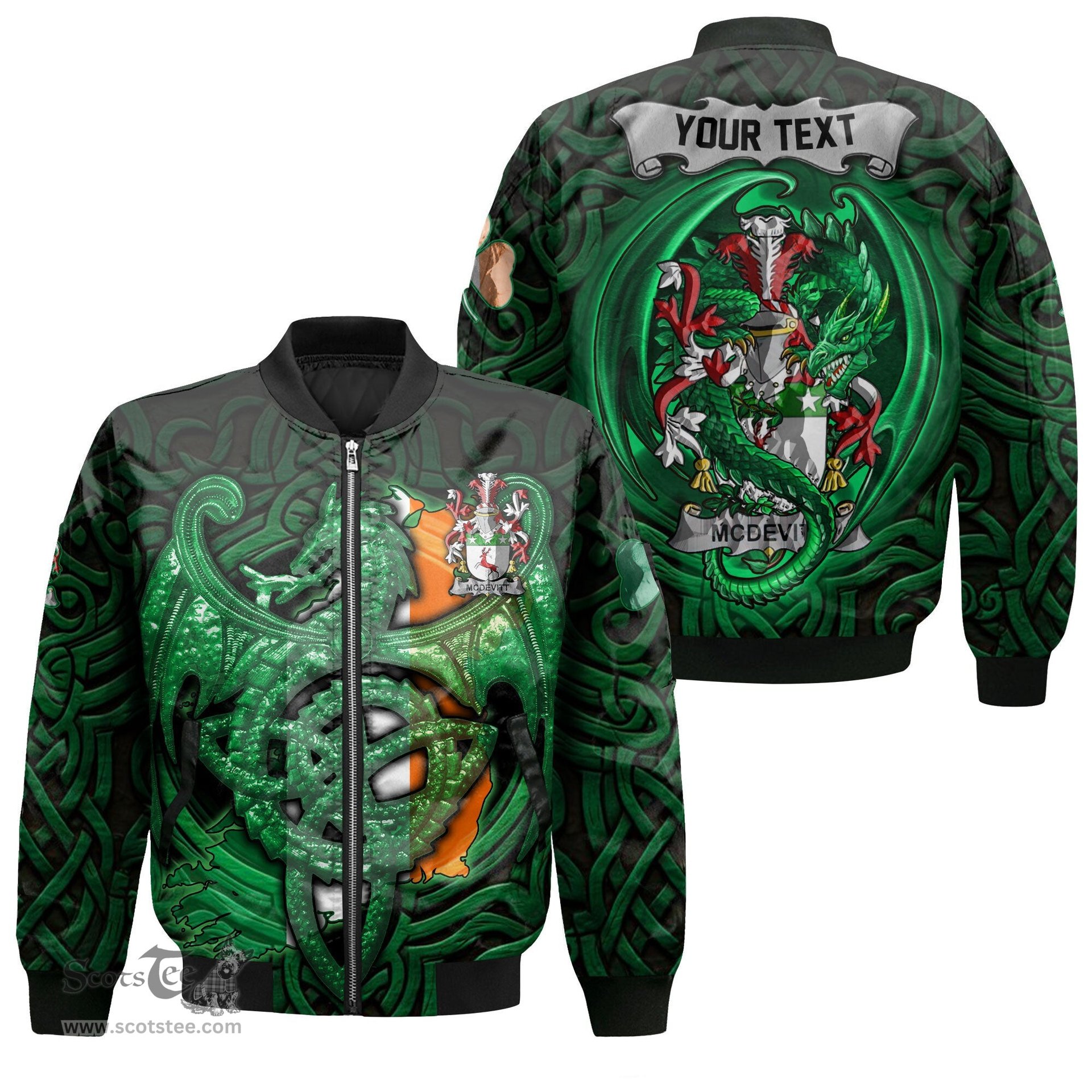 ScotsTee Shop Irish McDevitt Coat of Arms Irish Jacket Family Crest Green Dragon Of Ireland Bomber Jacket