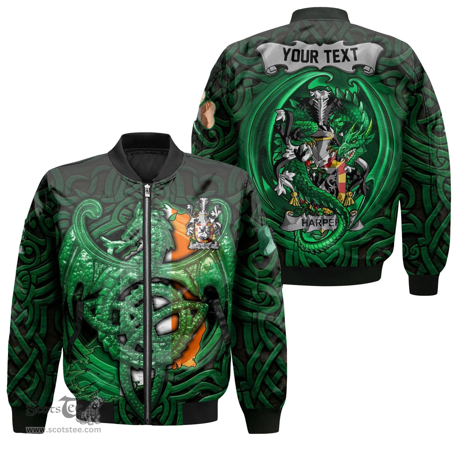 ScotsTee Shop Irish Harper Coat of Arms Irish Jacket Family Crest Green Dragon Of Ireland Bomber Jacket