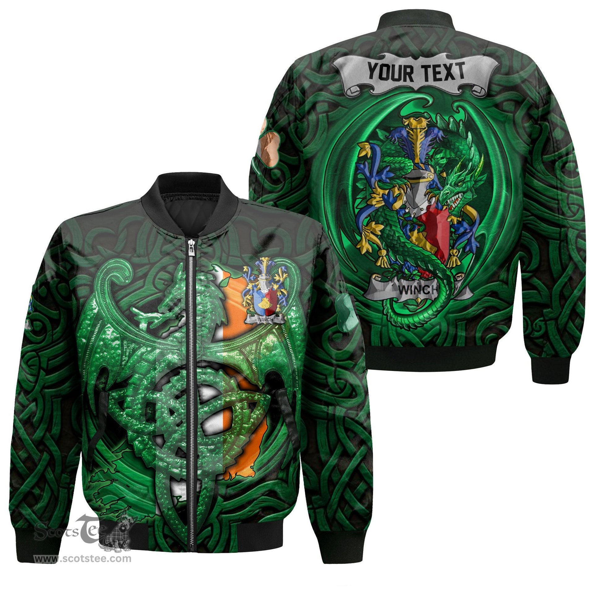 ScotsTee Shop Irish Winch Coat of Arms Irish Jacket Family Crest Green Dragon Of Ireland Bomber Jacket