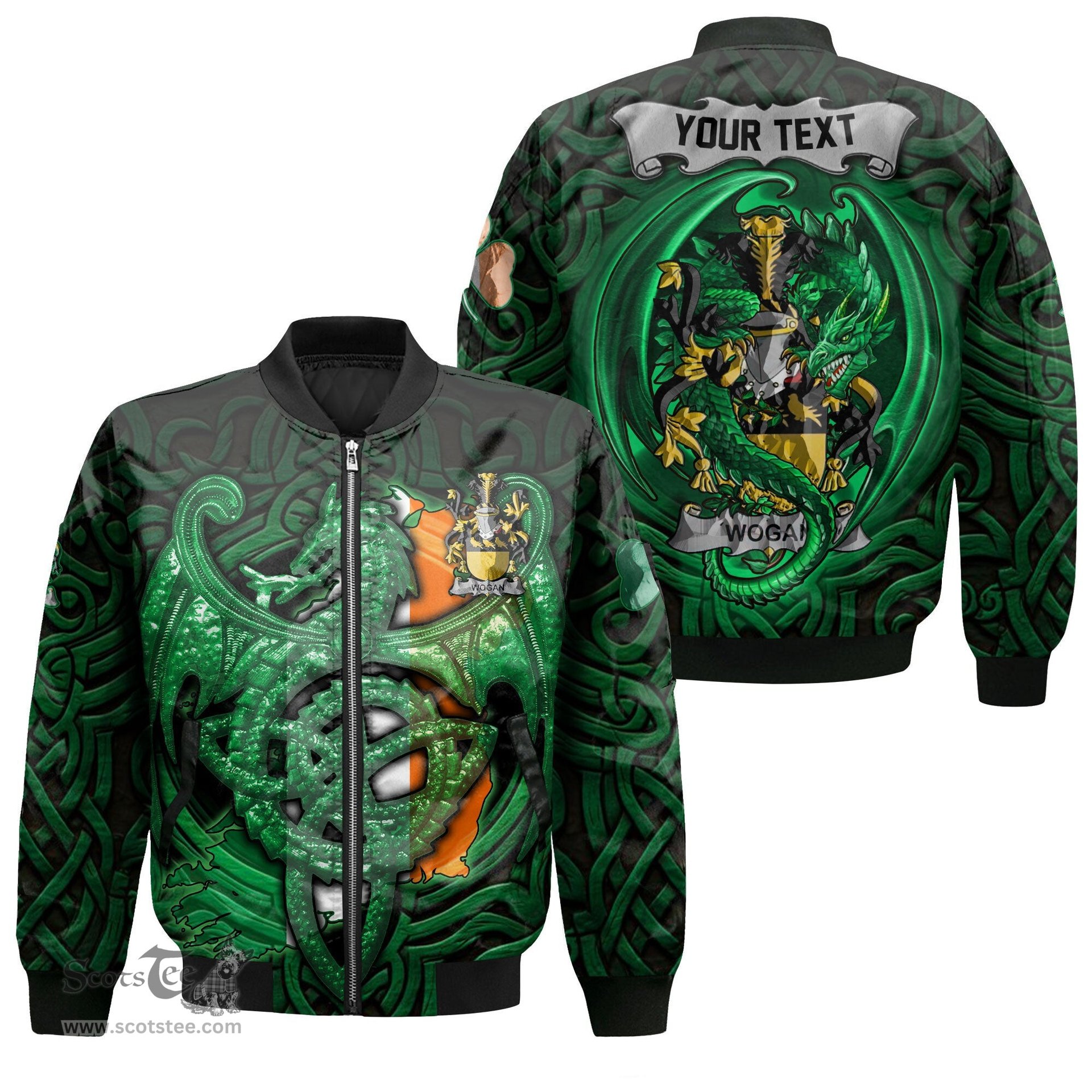 ScotsTee Shop Irish Wogan Coat of Arms Irish Jacket Family Crest Green Dragon Of Ireland Bomber Jacket