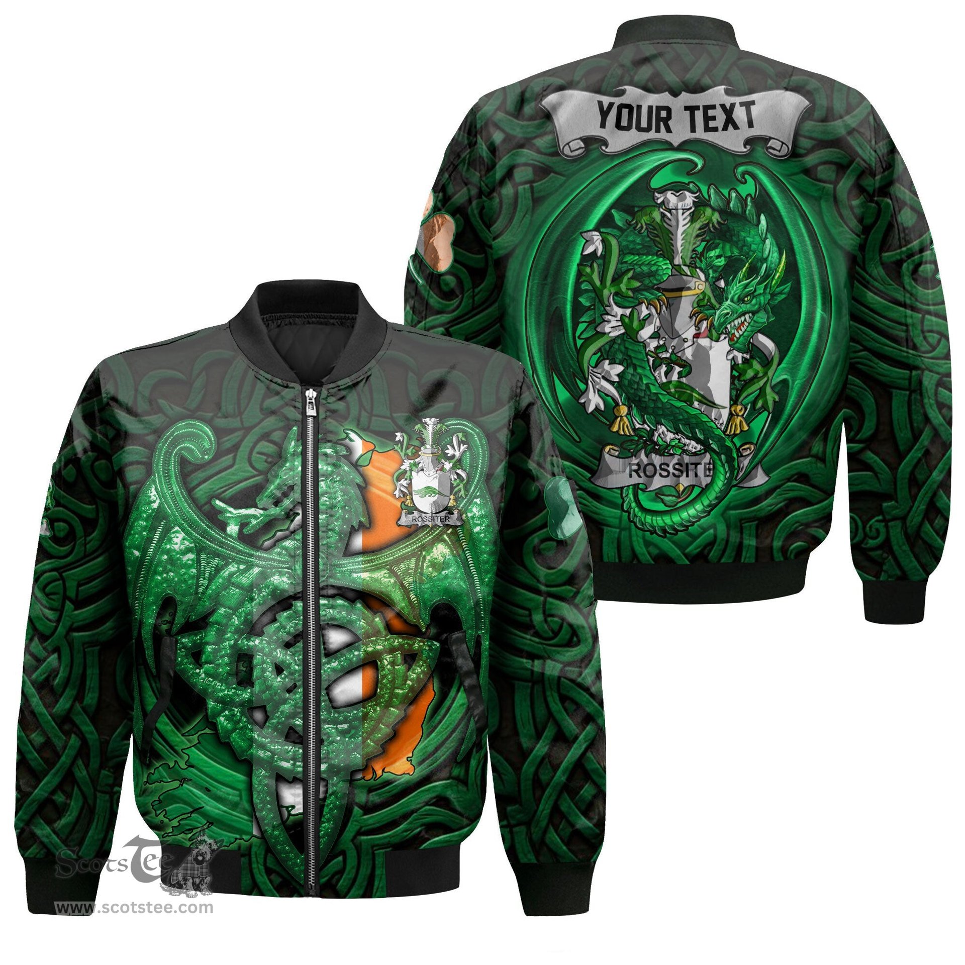 ScotsTee Shop Irish Rossiter Coat of Arms Irish Jacket Family Crest Green Dragon Of Ireland Bomber Jacket