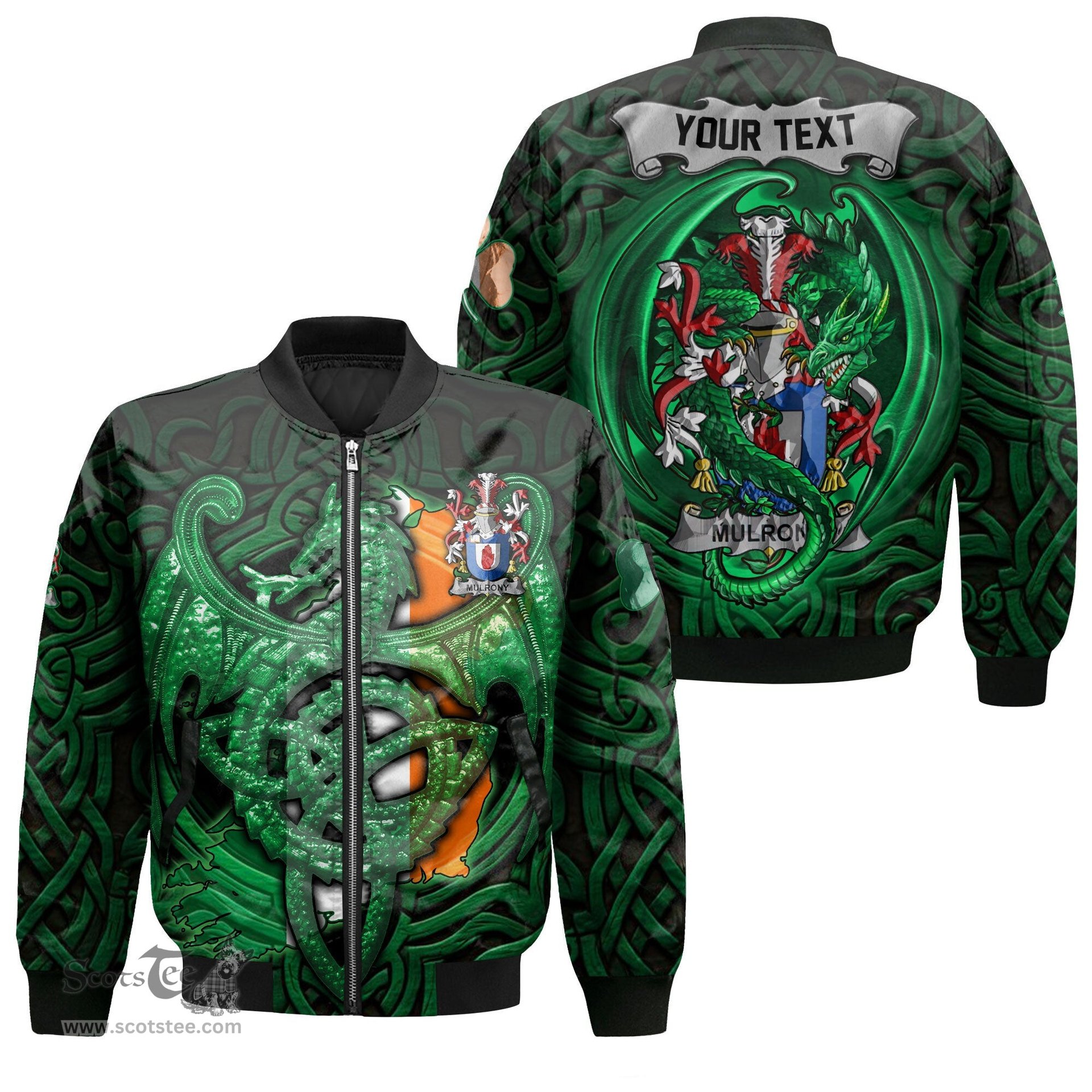 ScotsTee Shop Irish Mulrony or O Mulroney Coat of Arms Irish Jacket Family Crest Green Dragon Of Ireland Bomber Jacket