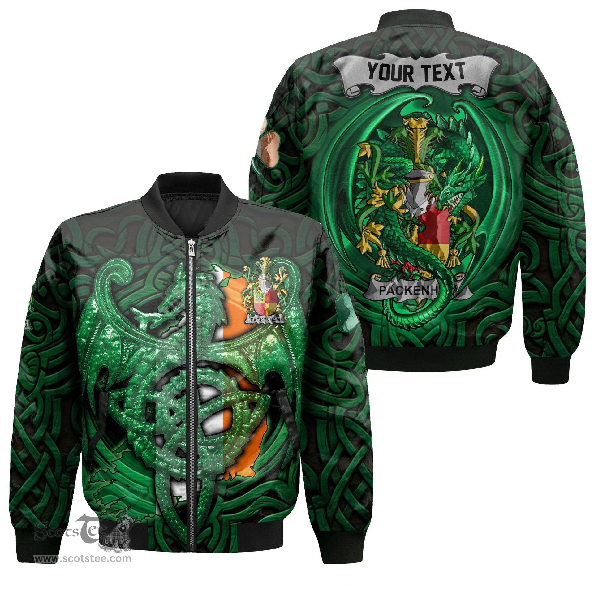 ScotsTee Shop Irish Packenham Coat of Arms Irish Jacket Family Crest Green Dragon Of Ireland Bomber Jacket