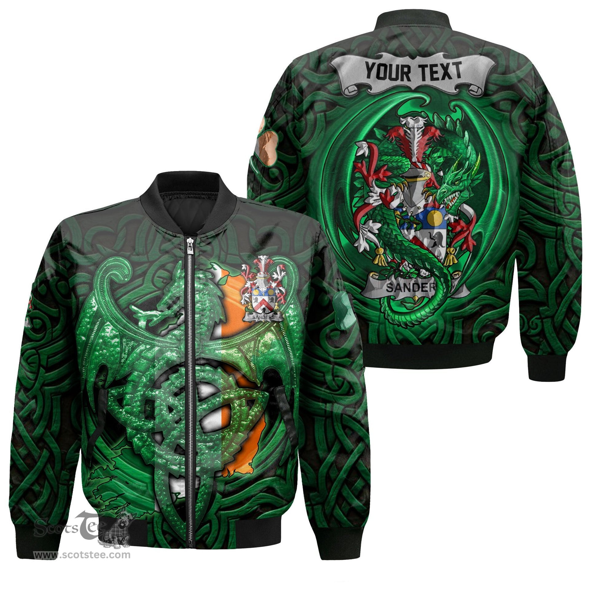 ScotsTee Shop Irish Sanders Coat of Arms Irish Jacket Family Crest Green Dragon Of Ireland Bomber Jacket
