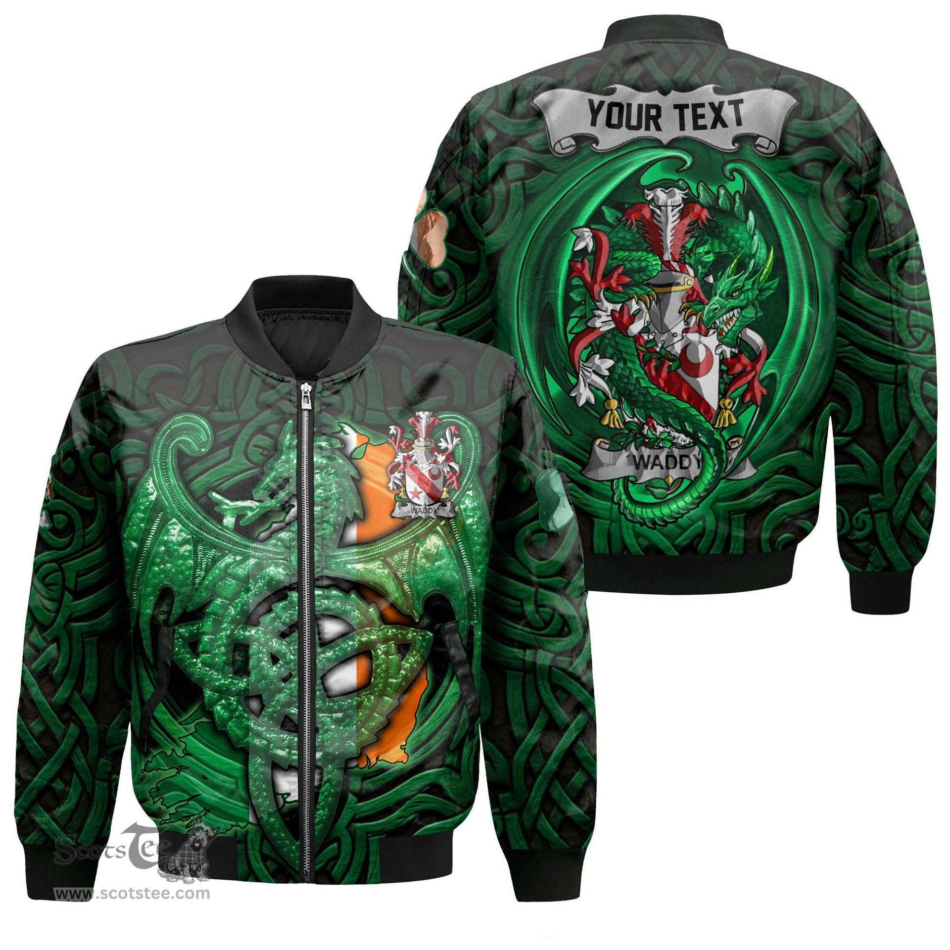 ScotsTee Shop Irish Waddy Coat of Arms Irish Jacket Family Crest Green Dragon Of Ireland Bomber Jacket
