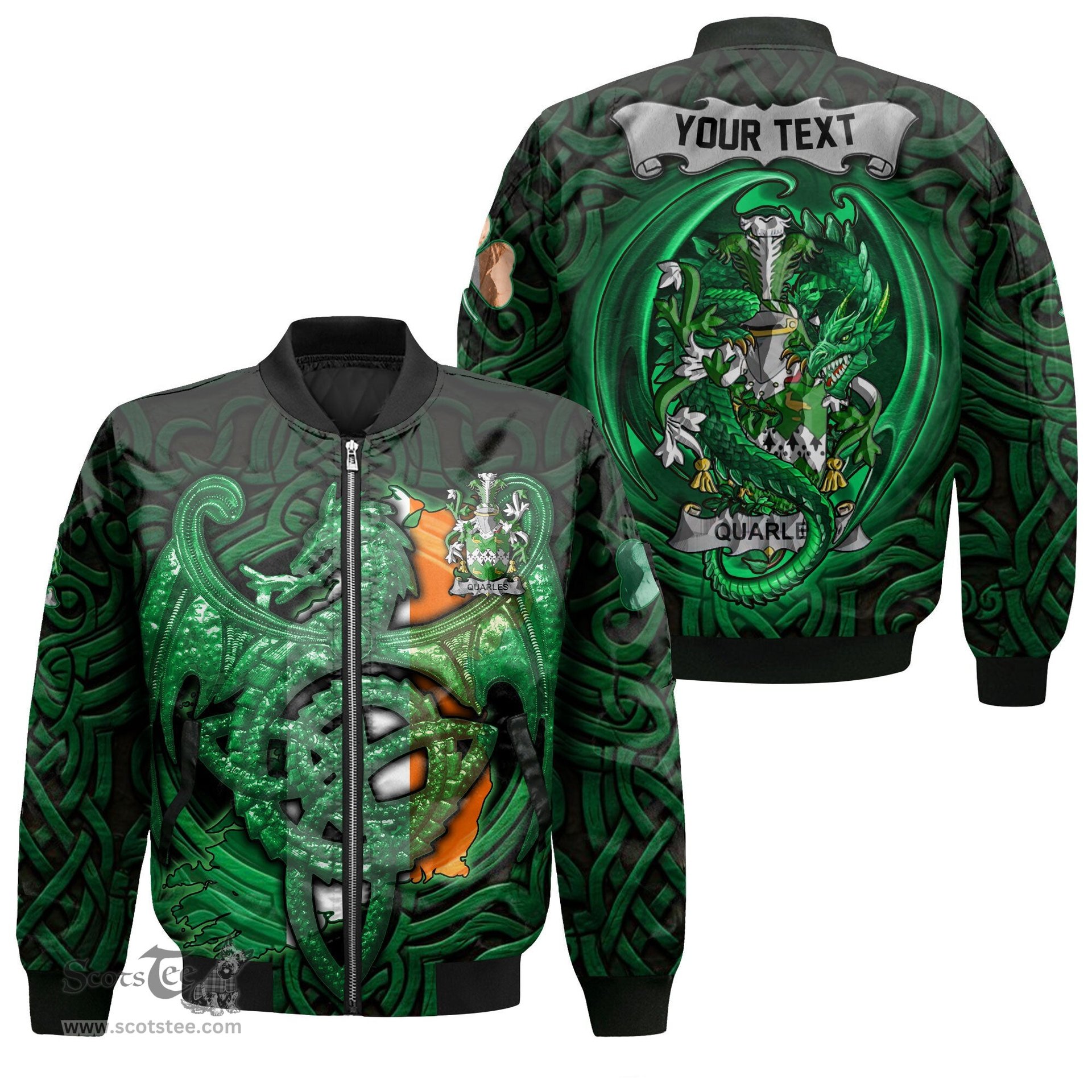 ScotsTee Shop Irish Quarles Coat of Arms Irish Jacket Family Crest Green Dragon Of Ireland Bomber Jacket