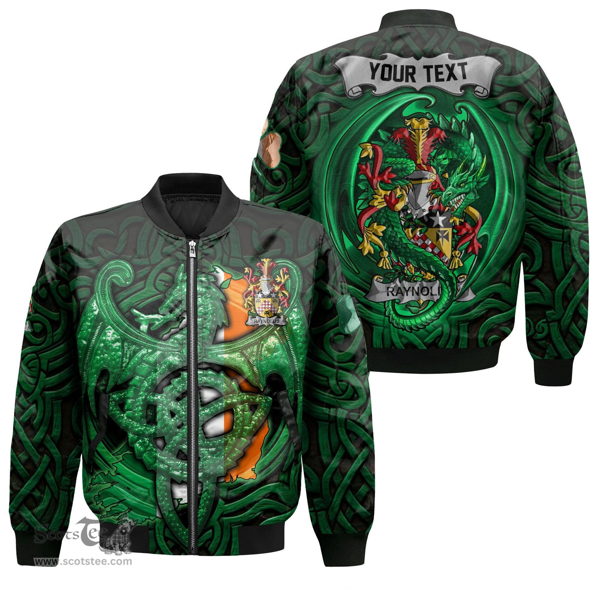 ScotsTee Shop Irish Raynolds Coat of Arms Irish Jacket Family Crest Green Dragon Of Ireland Bomber Jacket