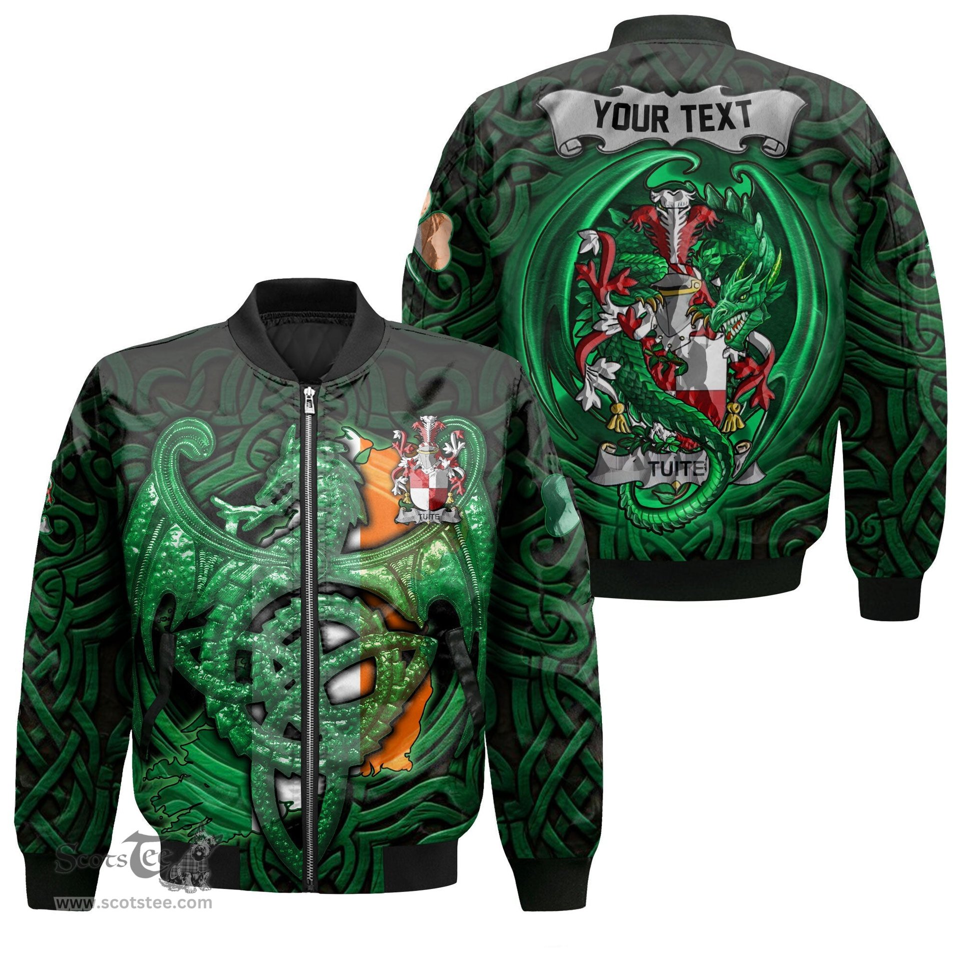 ScotsTee Shop Irish Tuite Coat of Arms Irish Jacket Family Crest Green Dragon Of Ireland Bomber Jacket