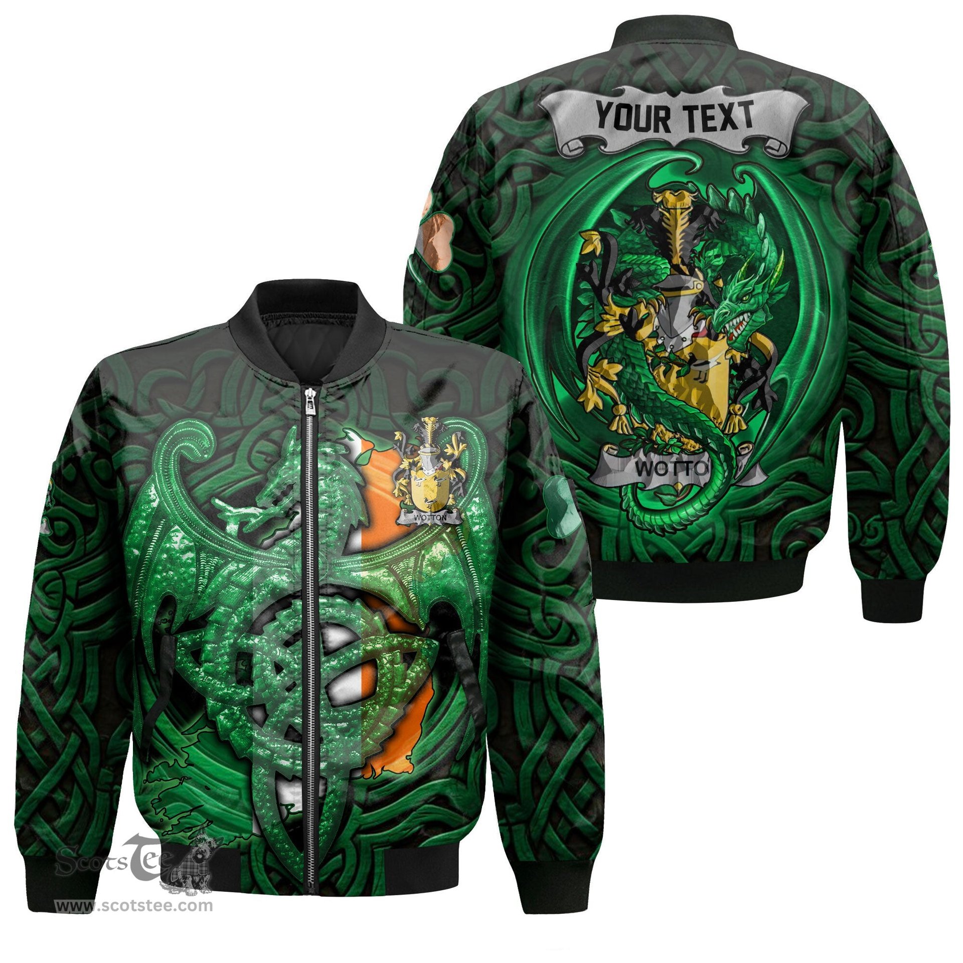 ScotsTee Shop Irish Wotton Coat of Arms Irish Jacket Family Crest Green Dragon Of Ireland Bomber Jacket