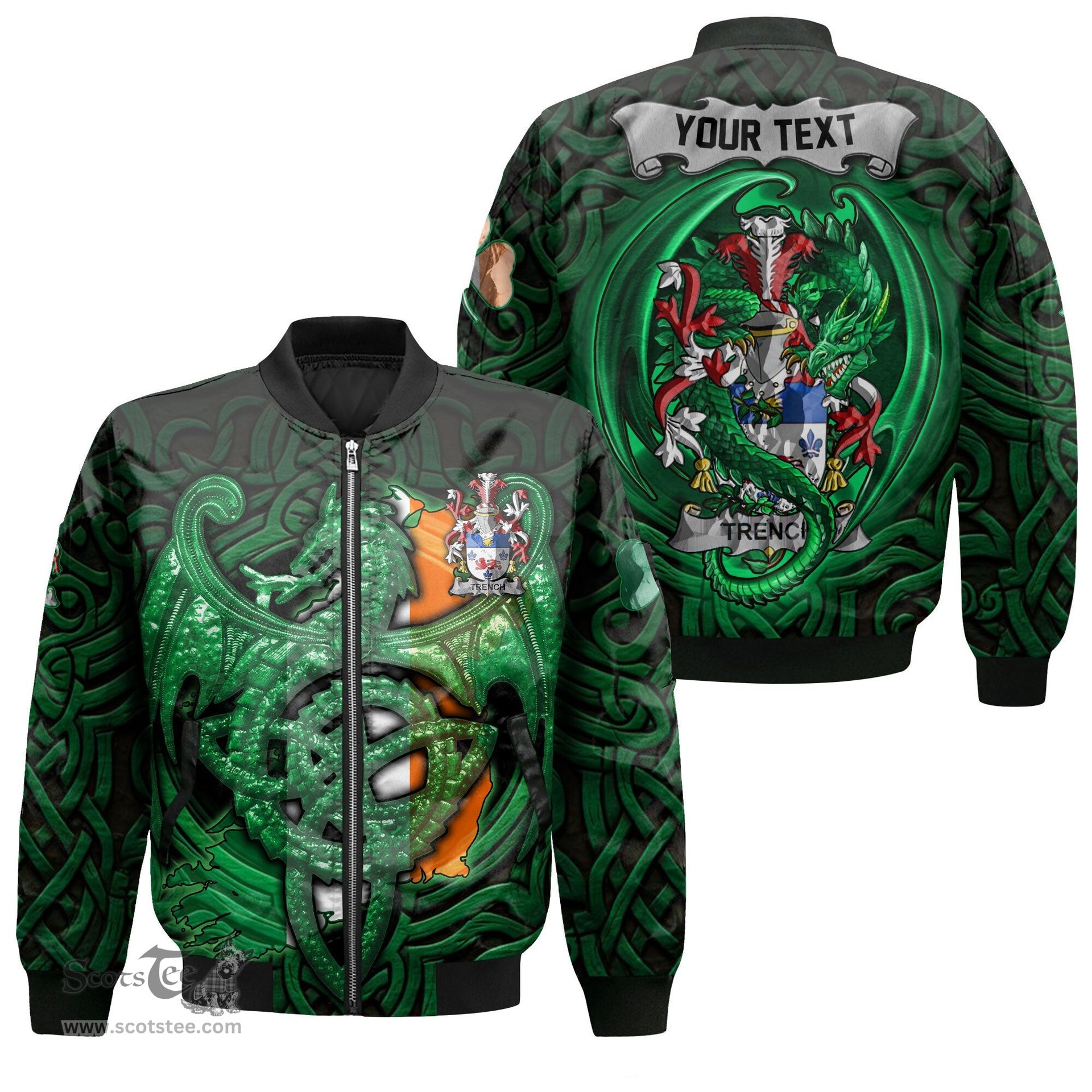 ScotsTee Shop Irish Trench Coat of Arms Irish Jacket Family Crest Green Dragon Of Ireland Bomber Jacket