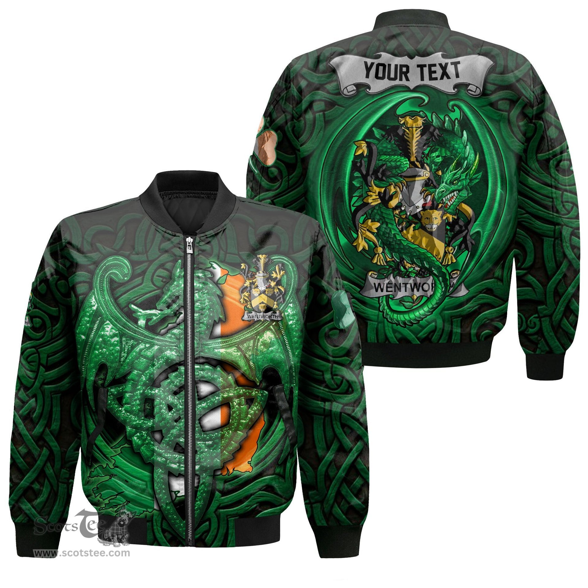 ScotsTee Shop Irish Wentworth Coat of Arms Irish Jacket Family Crest Green Dragon Of Ireland Bomber Jacket