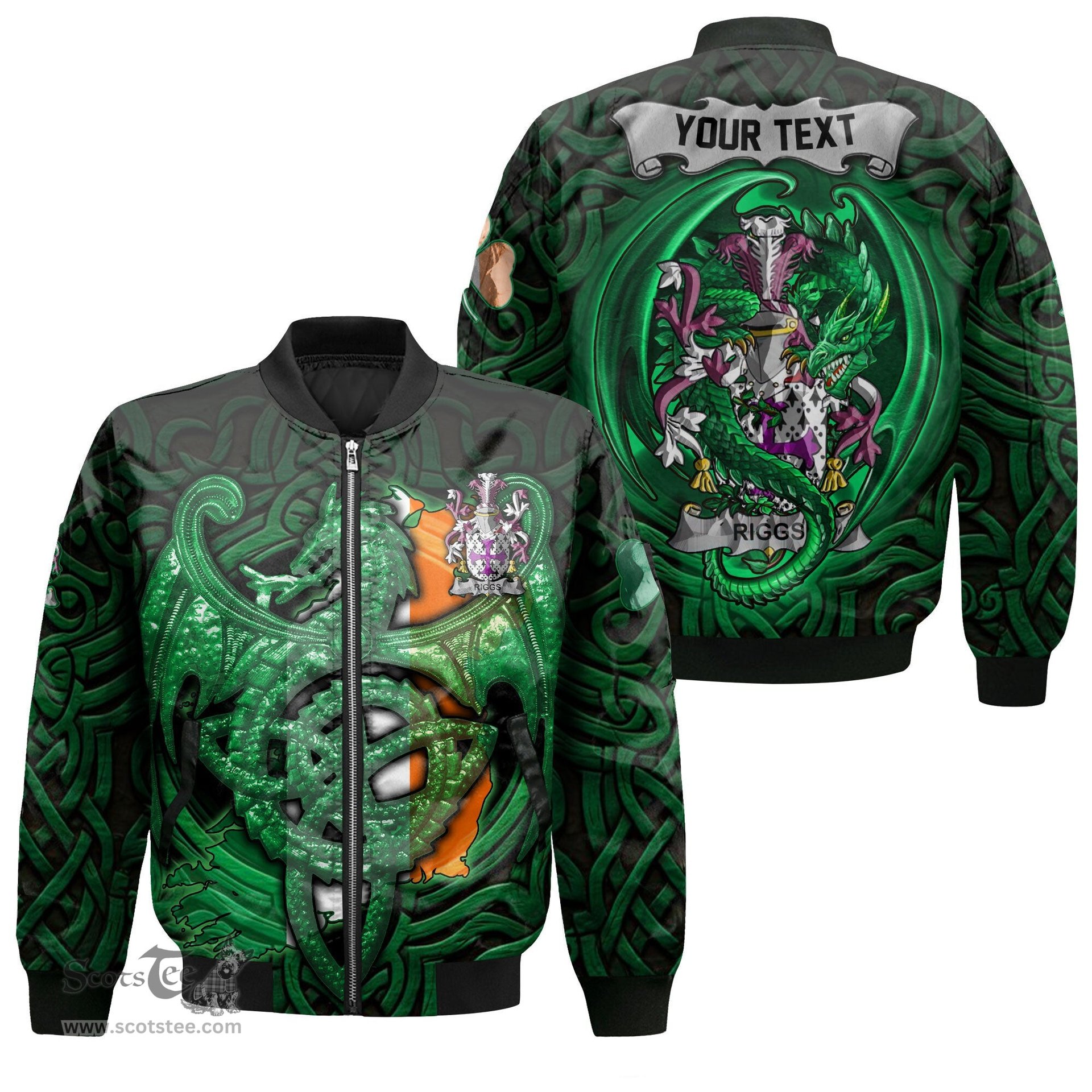 ScotsTee Shop Irish Riggs Coat of Arms Irish Jacket Family Crest Green Dragon Of Ireland Bomber Jacket