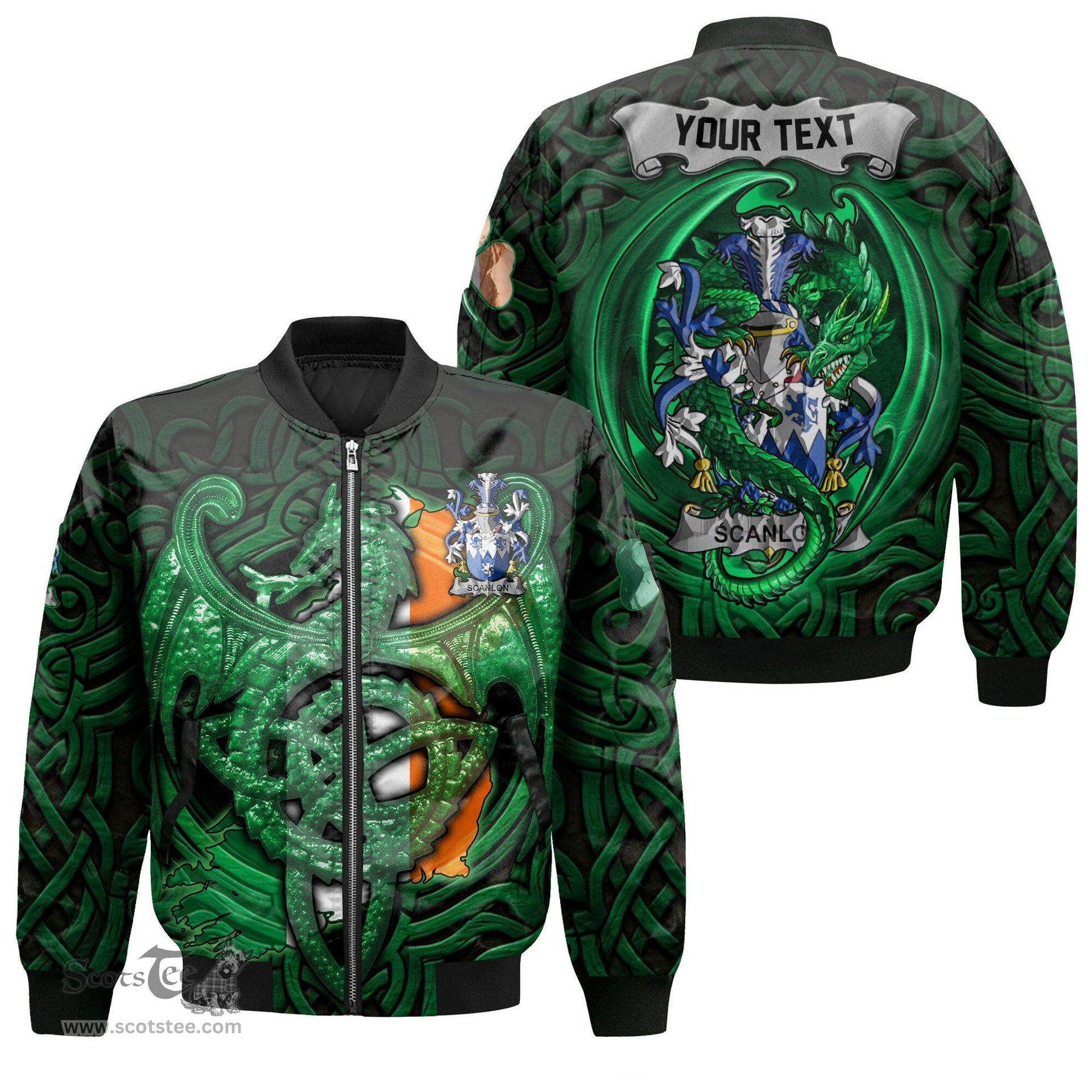 ScotsTee Shop Irish Scanlon or O Scanlan Coat of Arms Irish Jacket Family Crest Green Dragon Of Ireland Bomber Jacket