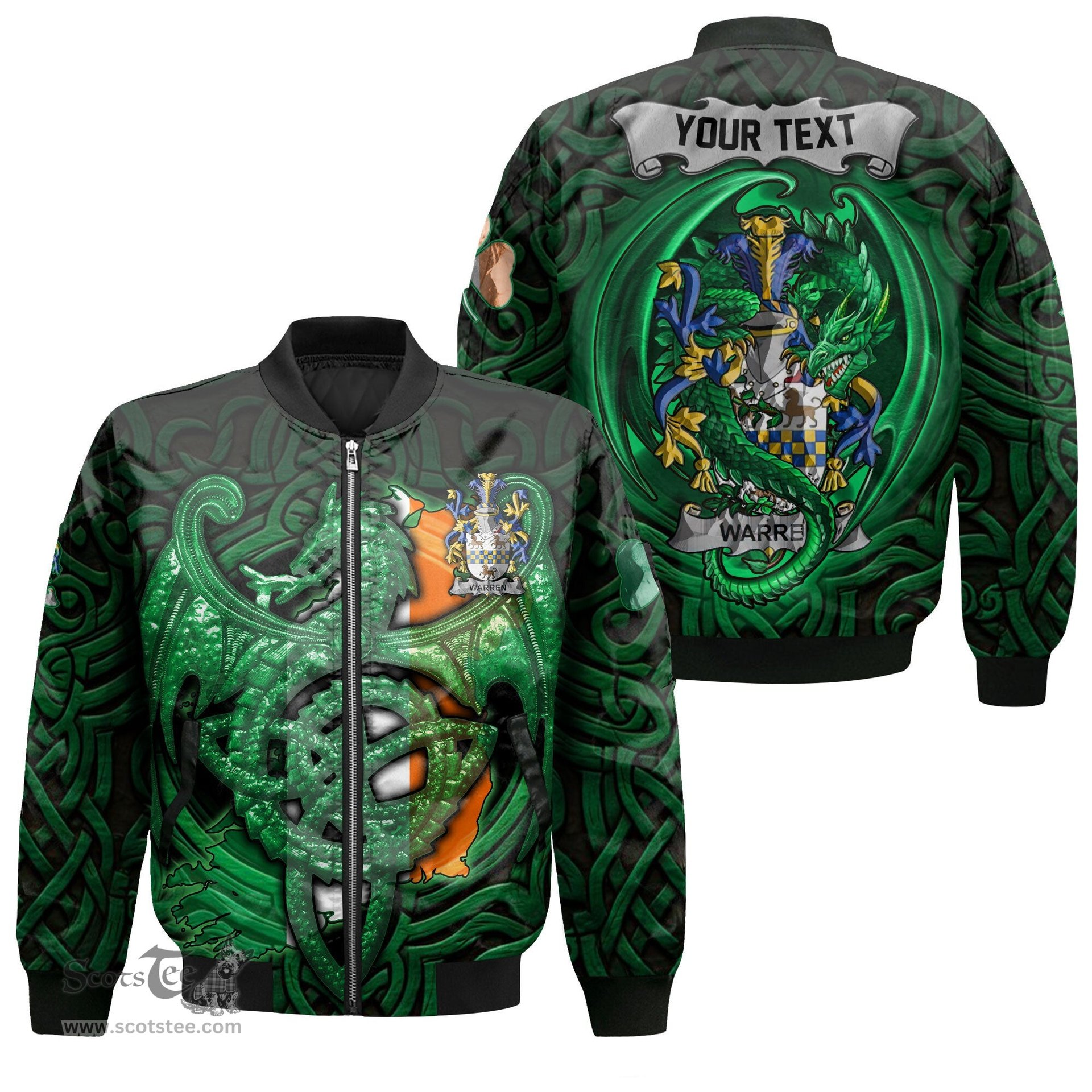 ScotsTee Shop Irish Warren Coat of Arms Irish Jacket Family Crest Green Dragon Of Ireland Bomber Jacket