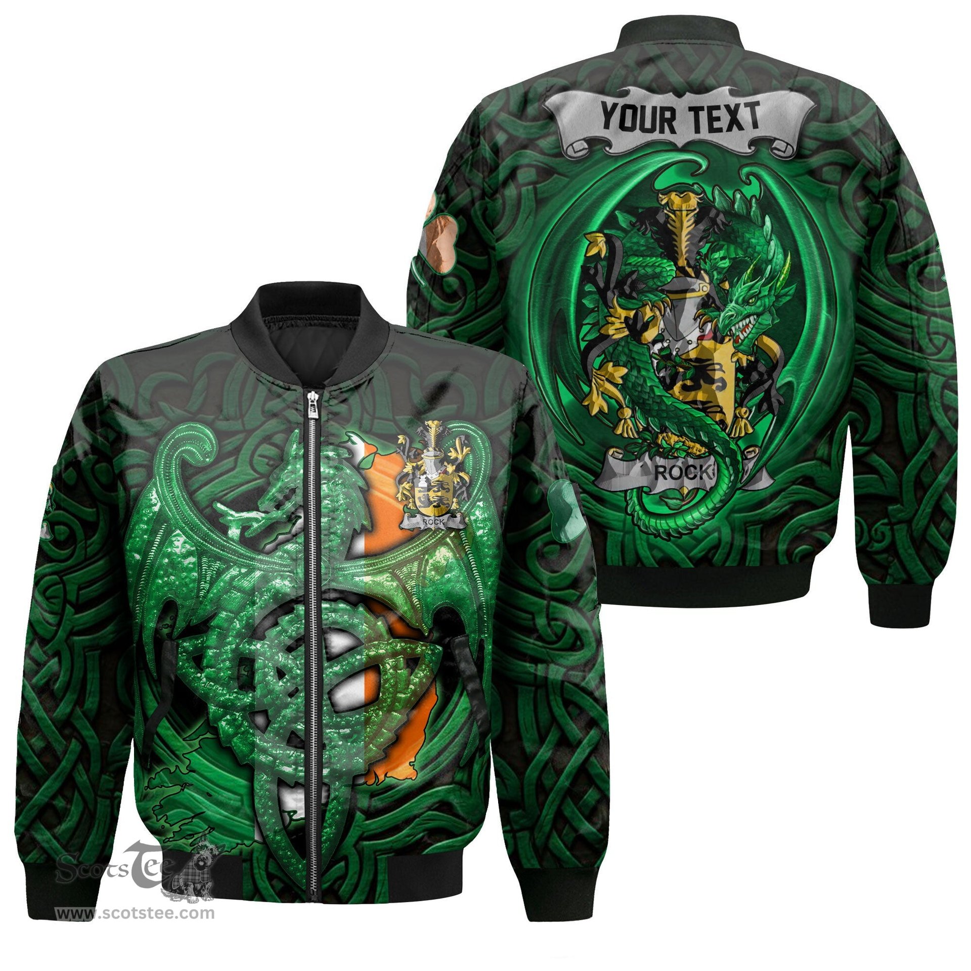 ScotsTee Shop Irish Rock Coat of Arms Irish Jacket Family Crest Green Dragon Of Ireland Bomber Jacket