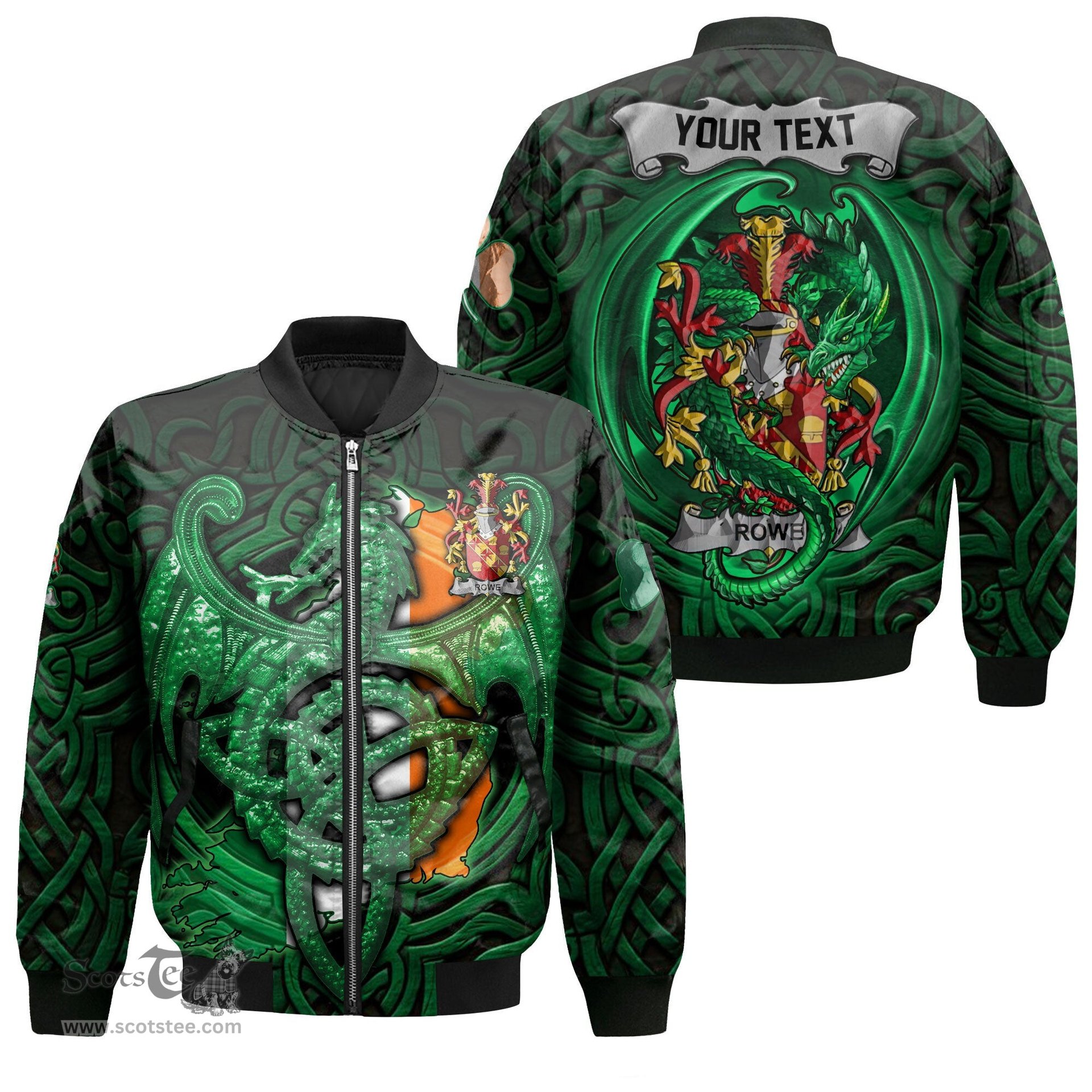 ScotsTee Shop Irish Rowe Coat of Arms Irish Jacket Family Crest Green Dragon Of Ireland Bomber Jacket