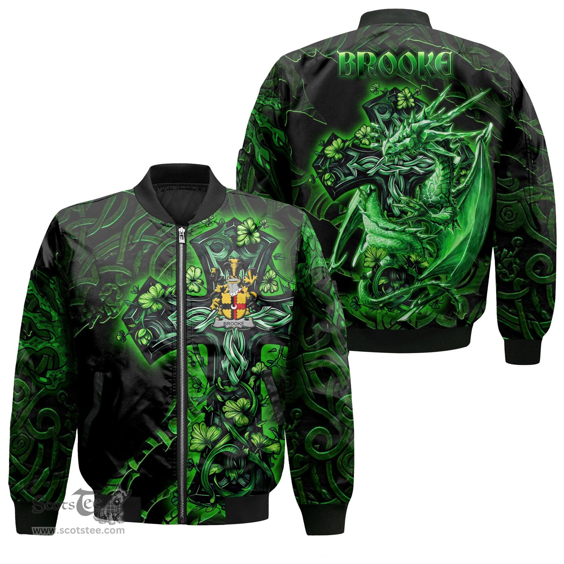 ScotsTee Shop Irish Brooke Coat of Arms Irish Jacket Family Crest Celtic Cross And Dragon Bomber Jacket