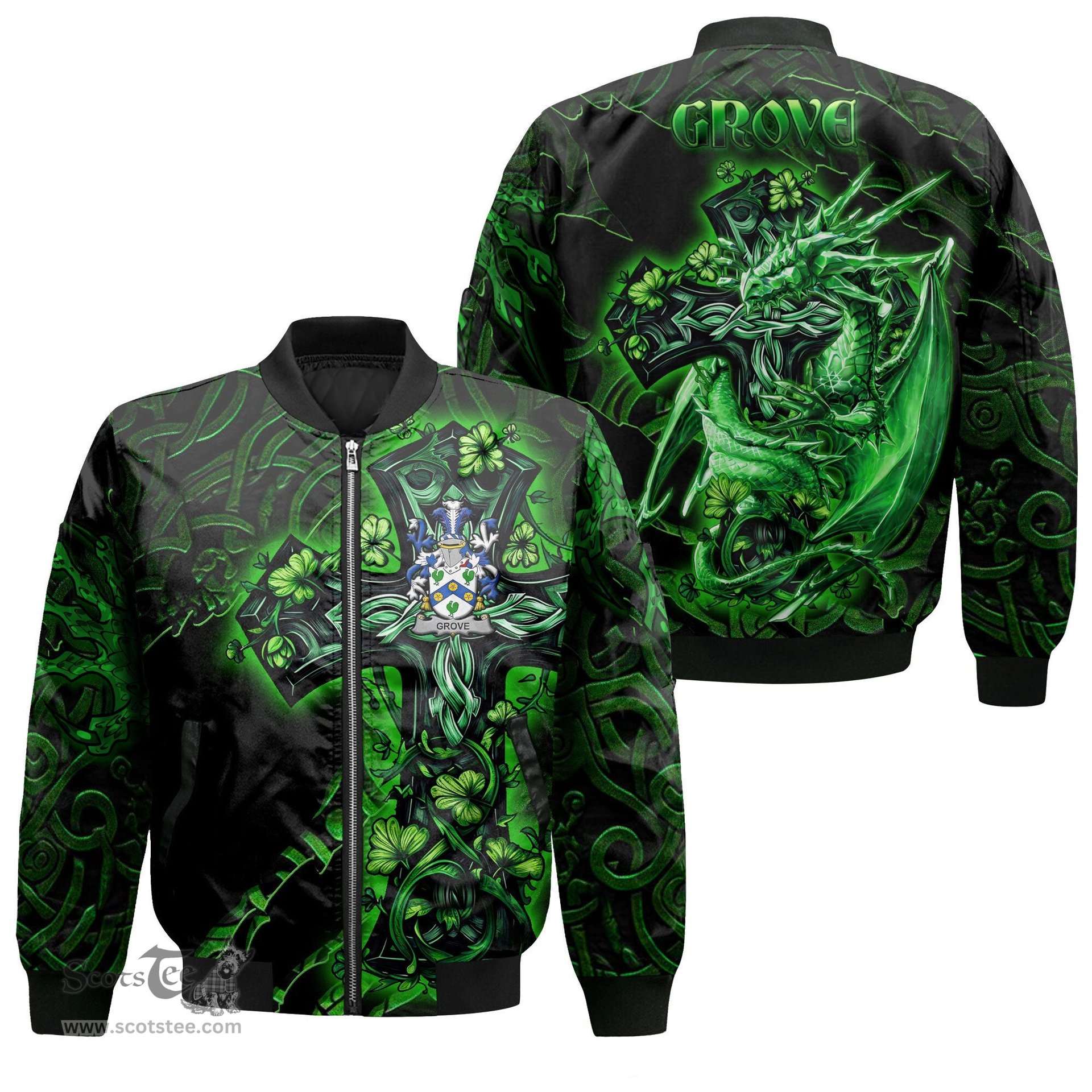 ScotsTee Shop Irish Grove Coat of Arms Irish Jacket Family Crest Celtic Cross And Dragon Bomber Jacket