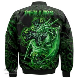ScotsTee Shop Irish Phillips Coat of Arms Irish Jacket Family Crest Celtic Cross And Dragon Bomber Jacket