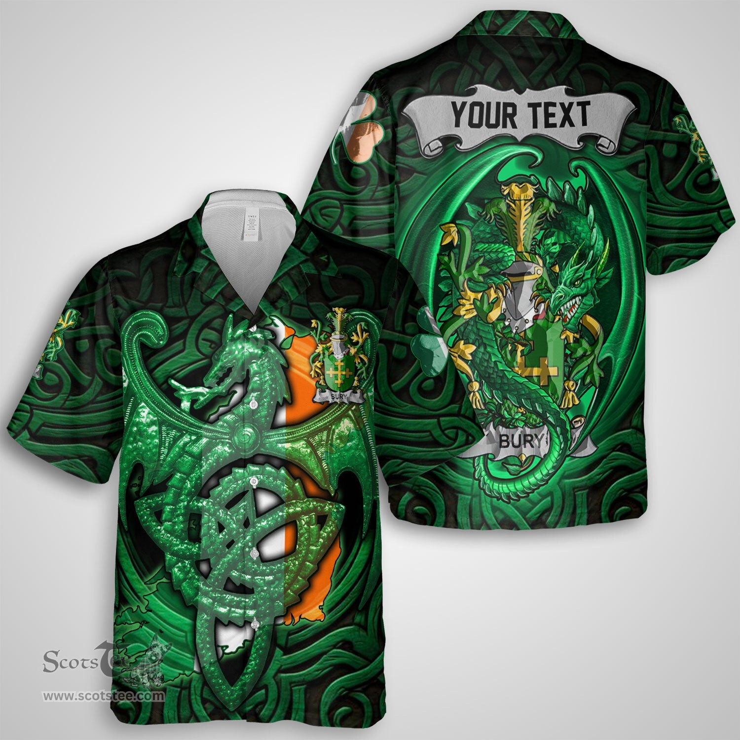 ScotsTee Shop Irish Bury or Berry Coat of Arms Irish Shirt Family Crest Green Dragon Of Ireland Short Sleeve Shirt