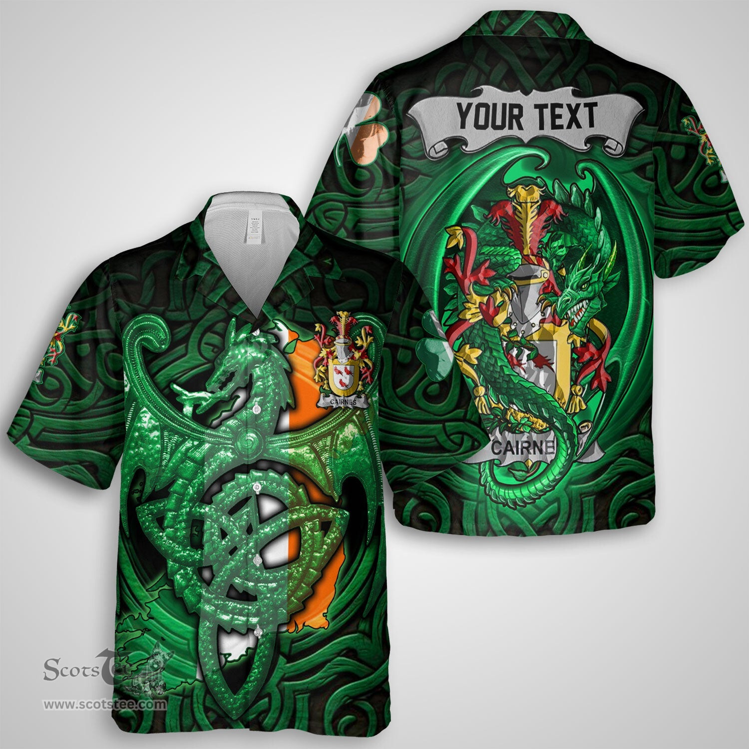 ScotsTee Shop Irish Cairnes Coat of Arms Irish Shirt Family Crest Green Dragon Of Ireland Short Sleeve Shirt