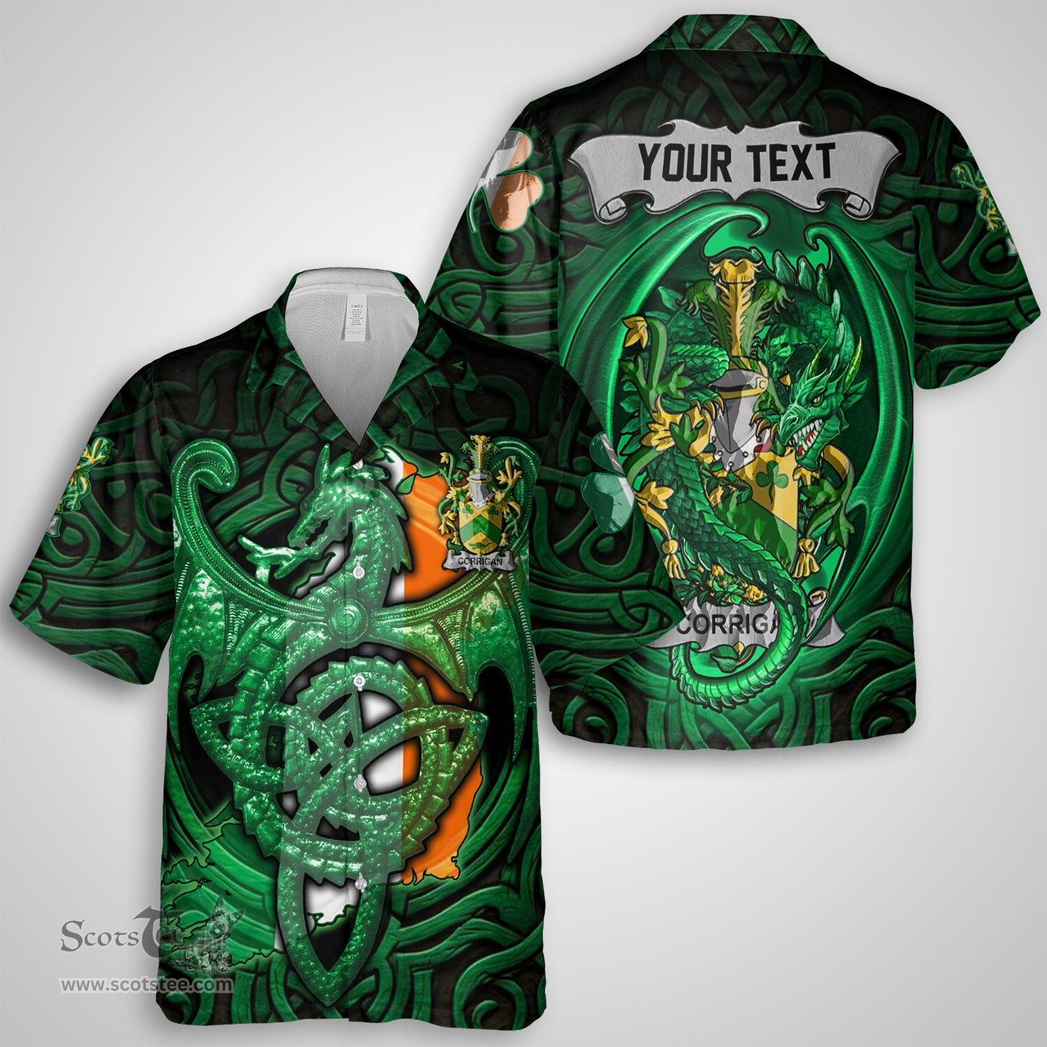 ScotsTee Shop Irish Corrigan or O Corrigan Coat of Arms Irish Shirt Family Crest Green Dragon Of Ireland Short Sleeve Shirt