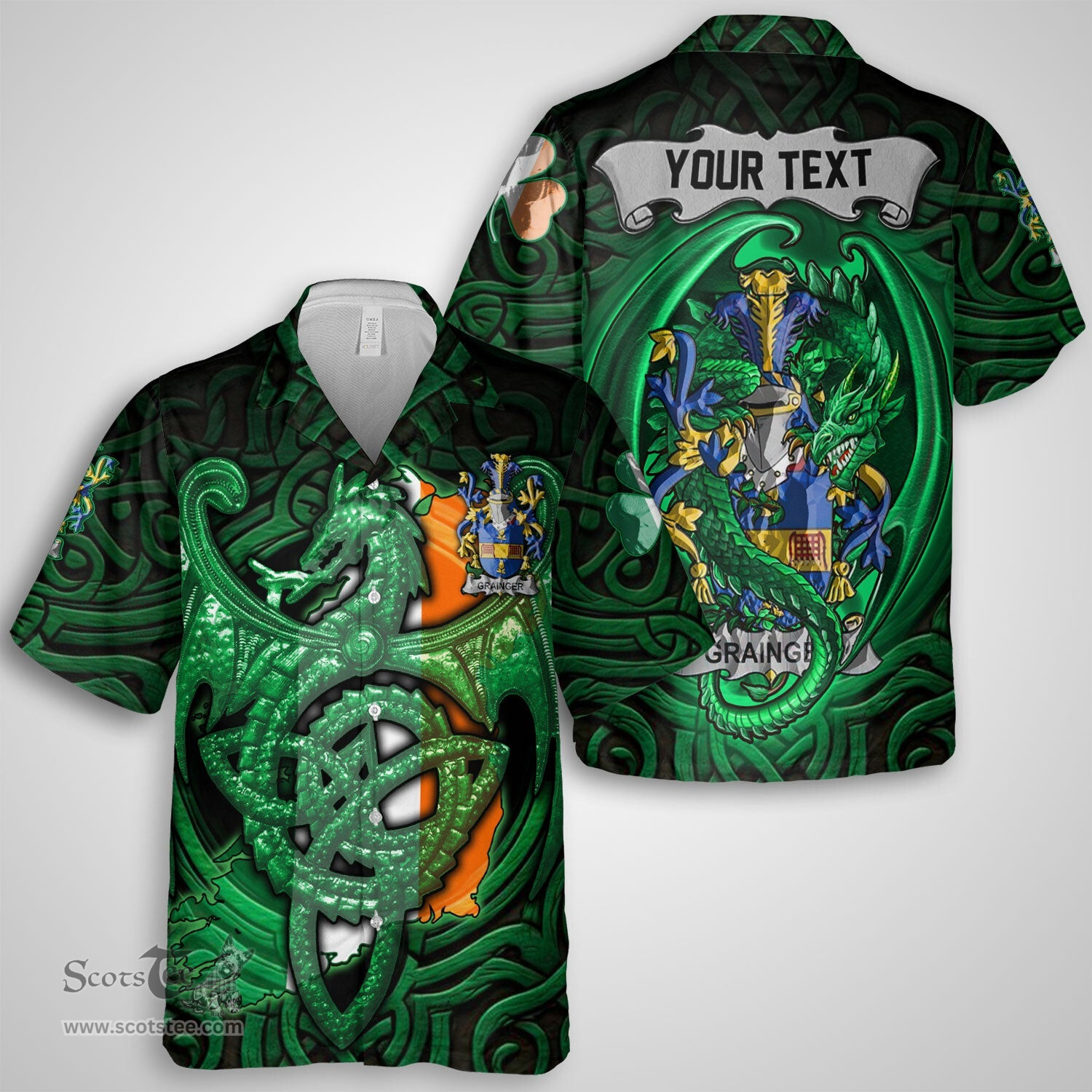 ScotsTee Shop Irish Grainger Coat of Arms Irish Shirt Family Crest Green Dragon Of Ireland Short Sleeve Shirt