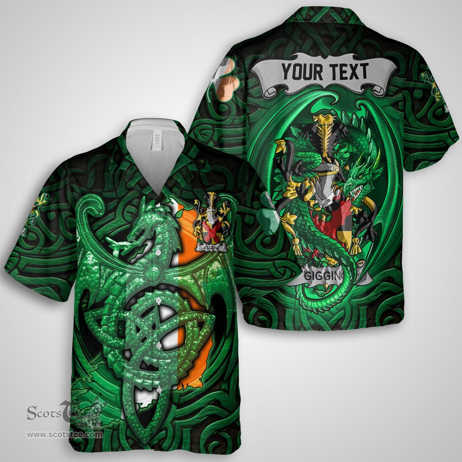 ScotsTee Shop Irish Giggins Coat of Arms Irish Shirt Family Crest Green Dragon Of Ireland Short Sleeve Shirt