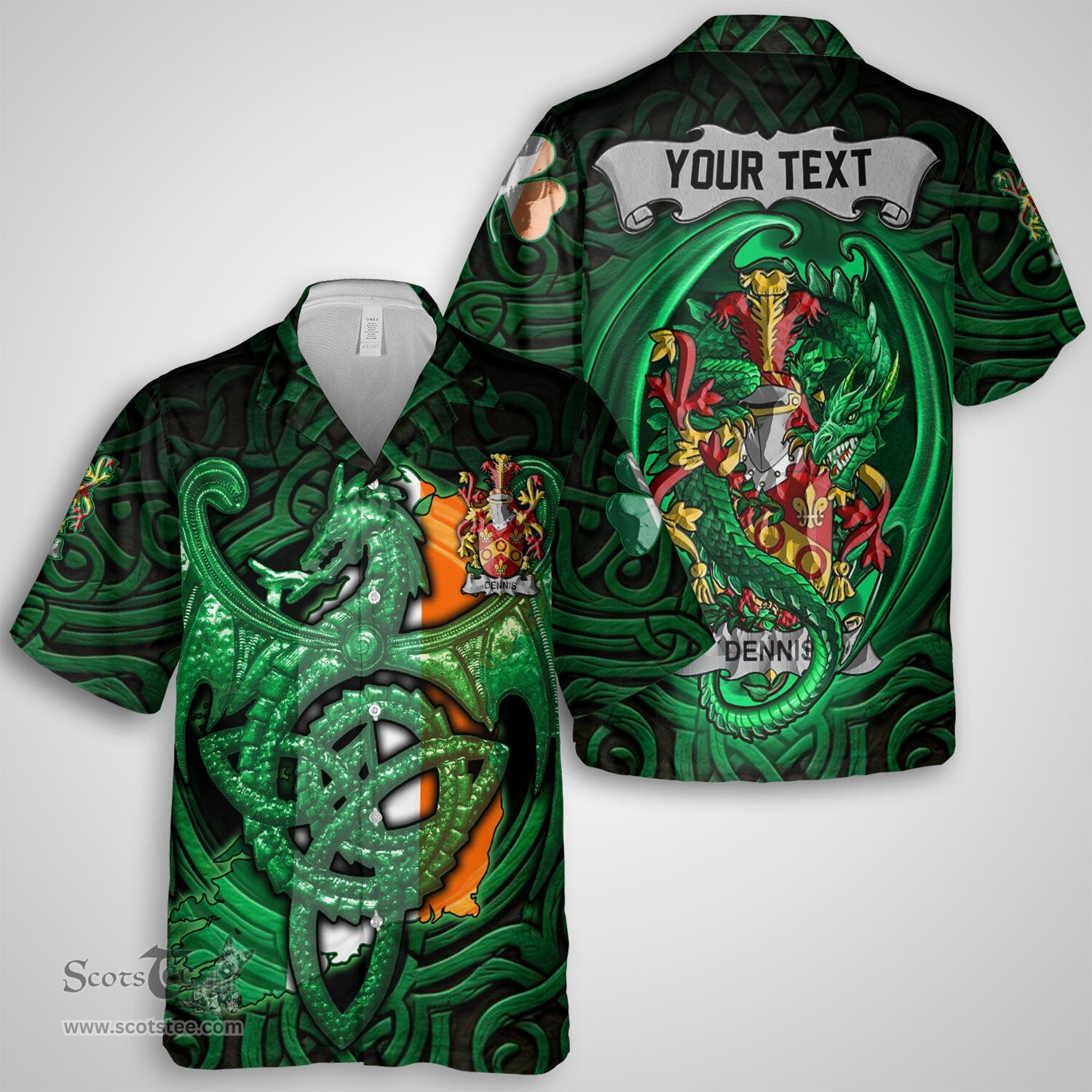 ScotsTee Shop Irish Dennis Coat of Arms Irish Shirt Family Crest Green Dragon Of Ireland Short Sleeve Shirt