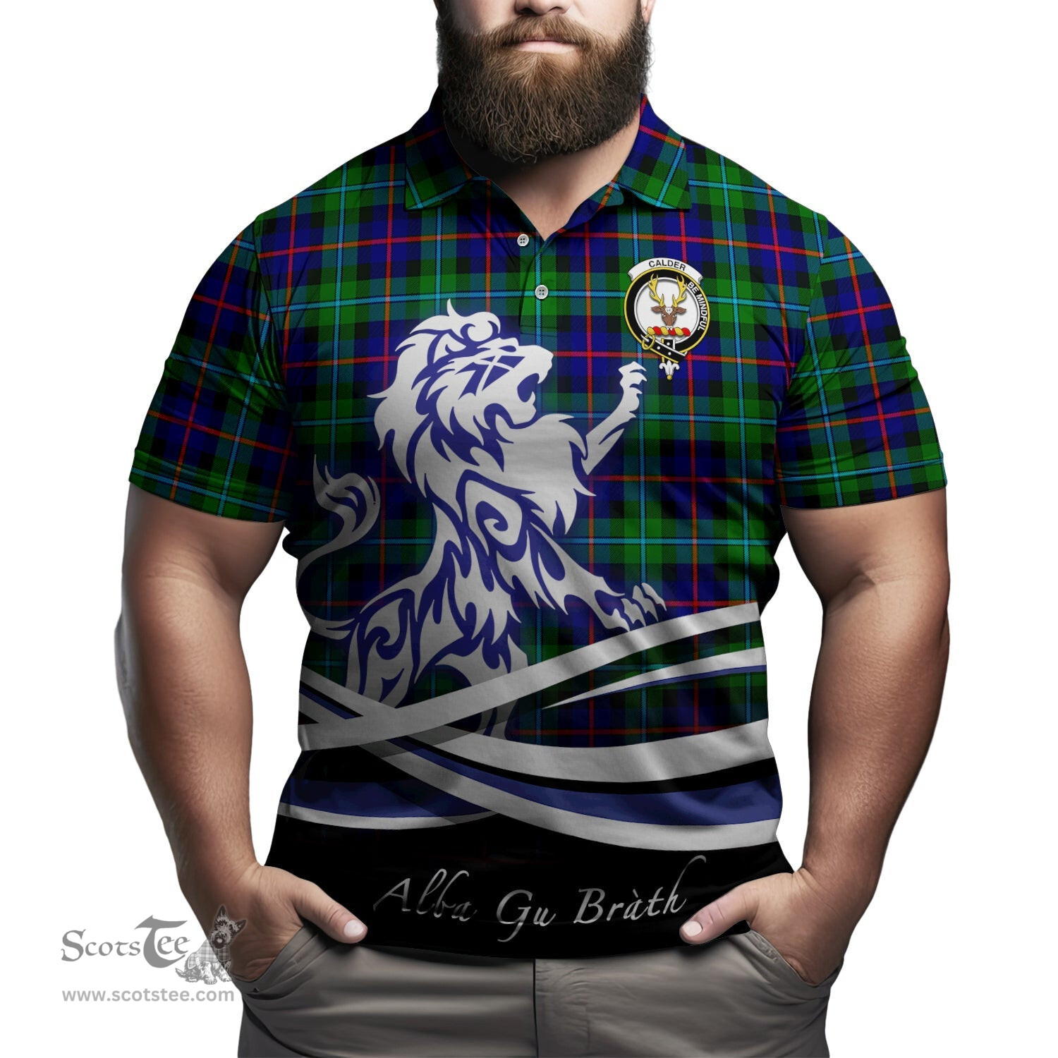 ScotsTee Shop Scottish Calder Modern Clan Crest Tartan Polo Shirt Alba Gu Brath Regal Lion Emblem