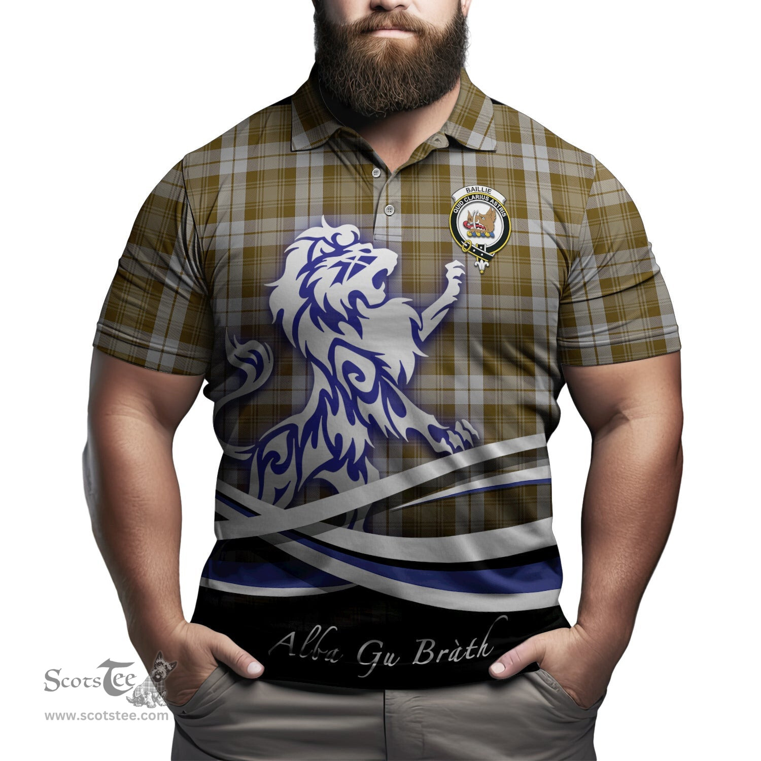 ScotsTee Shop Scottish Baillie Dress Clan Crest Tartan Polo Shirt Alba Gu Brath Regal Lion Emblem