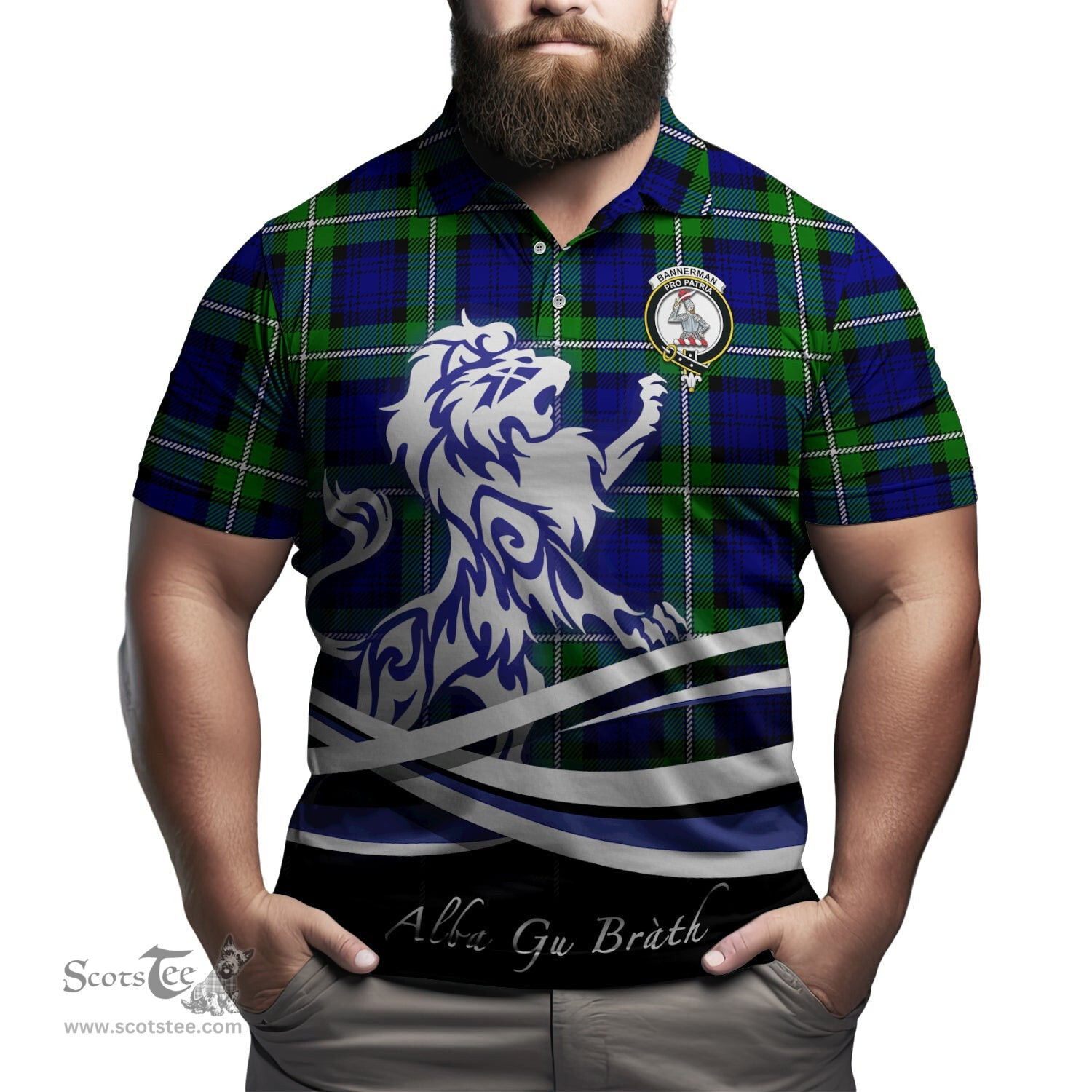 ScotsTee Shop Scottish Bannerman Clan Crest Tartan Polo Shirt Alba Gu Brath Regal Lion Emblem