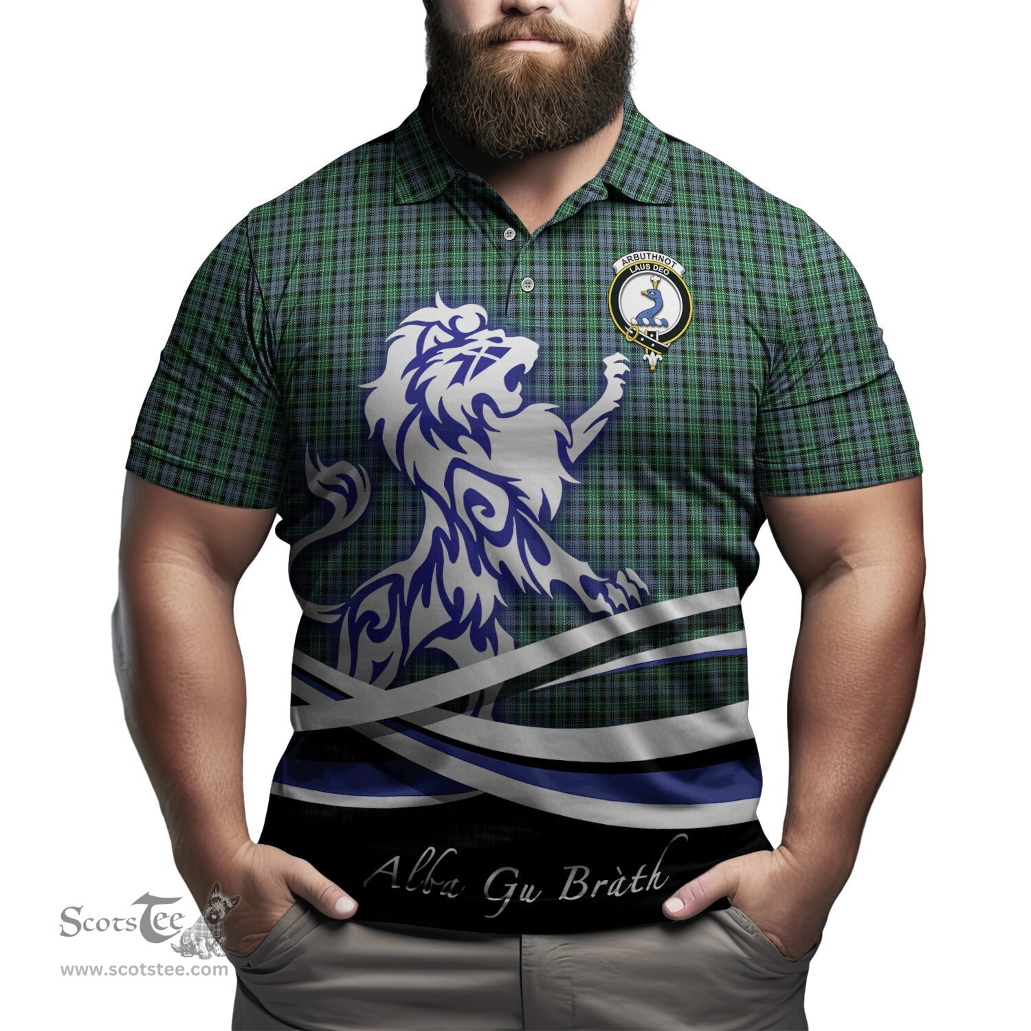 ScotsTee Shop Scottish Arbuthnot Clan Crest Tartan Polo Shirt Alba Gu Brath Regal Lion Emblem
