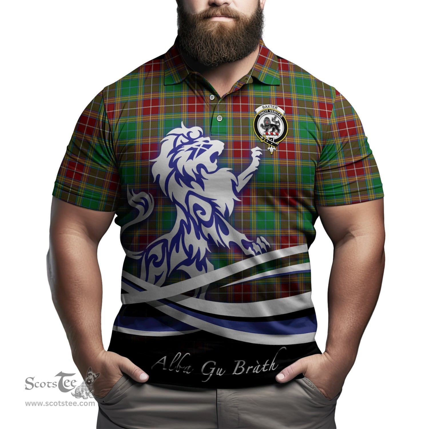 ScotsTee Shop Scottish Baxter Clan Crest Tartan Polo Shirt Alba Gu Brath Regal Lion Emblem