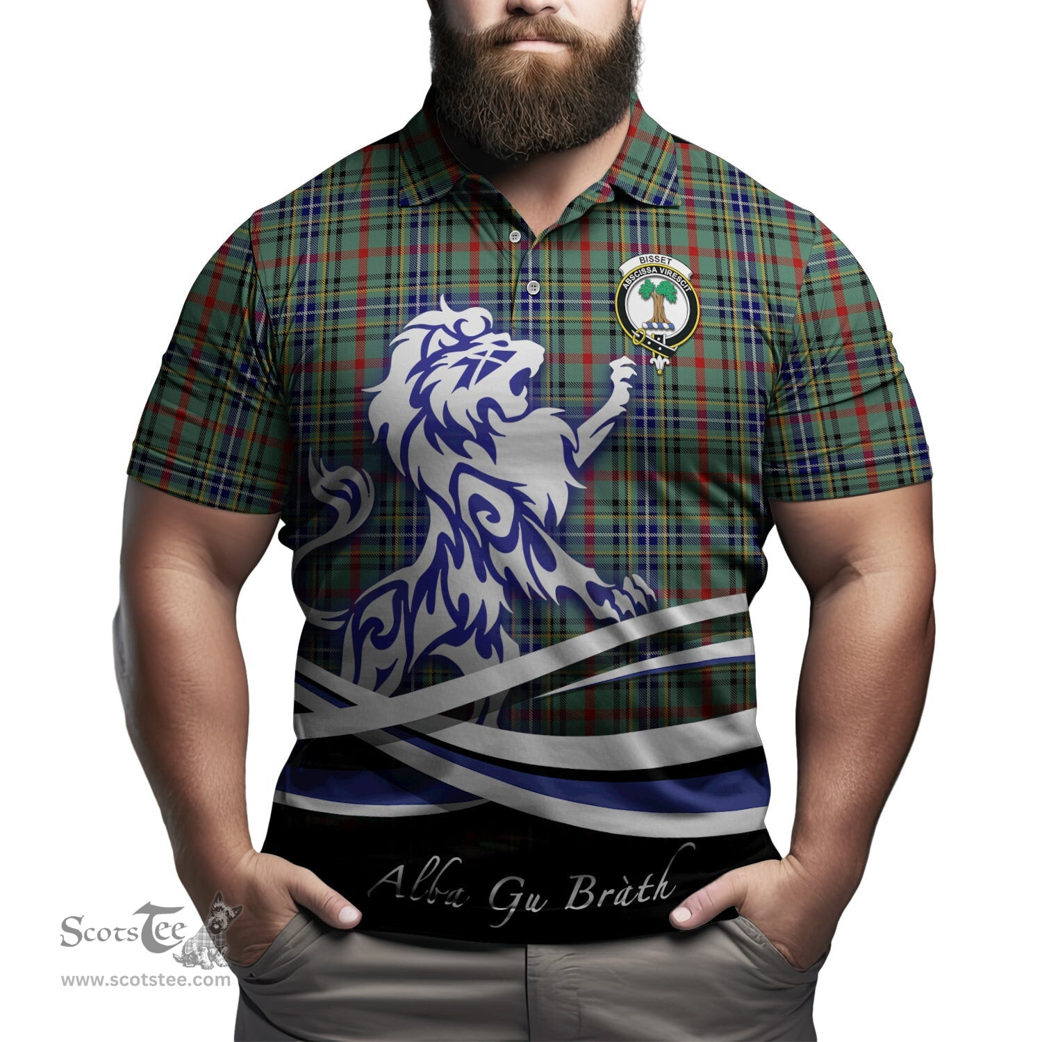 ScotsTee Shop Scottish Bisset Clan Crest Tartan Polo Shirt Alba Gu Brath Regal Lion Emblem