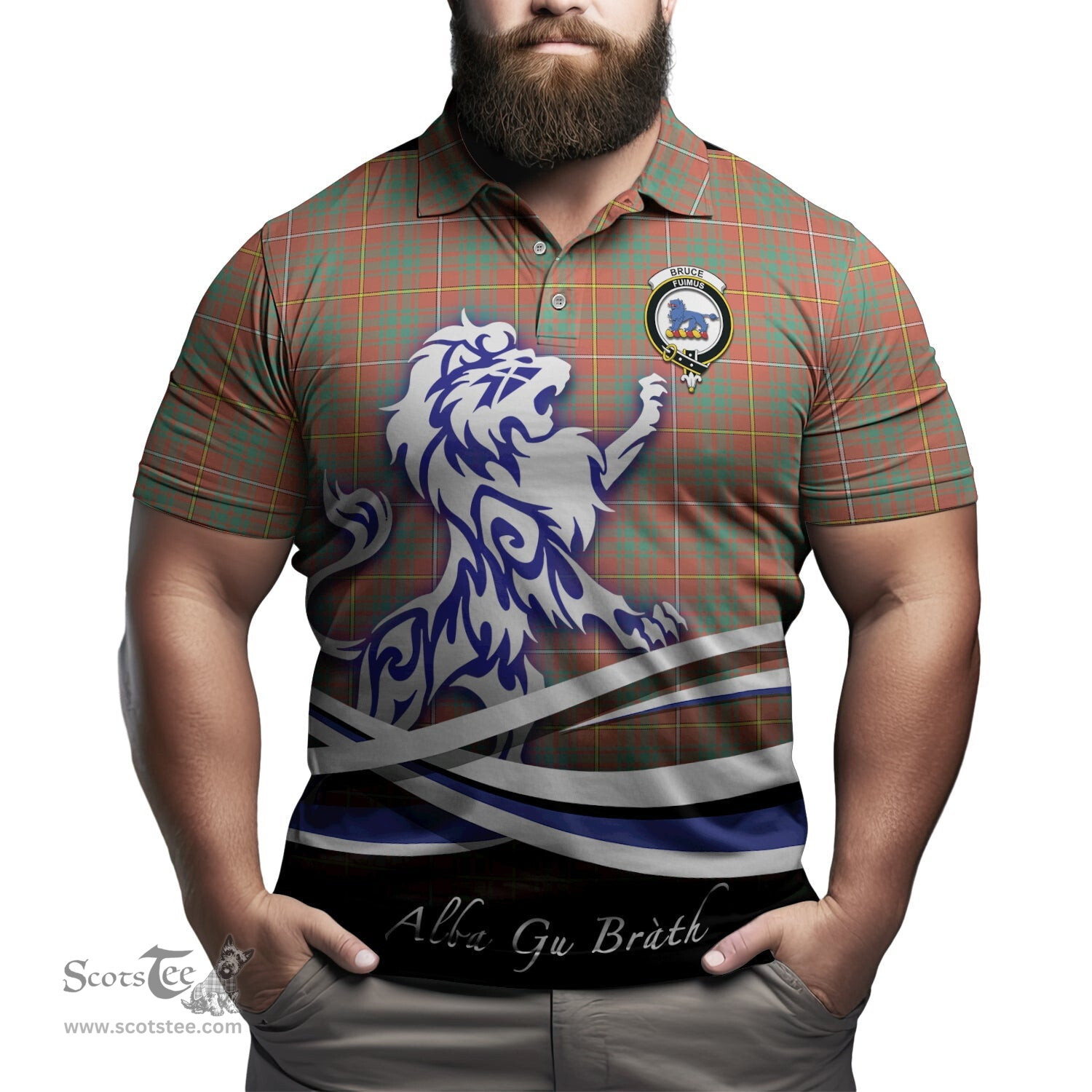 ScotsTee Shop Scottish Bruce Ancient Clan Crest Tartan Polo Shirt Alba Gu Brath Regal Lion Emblem