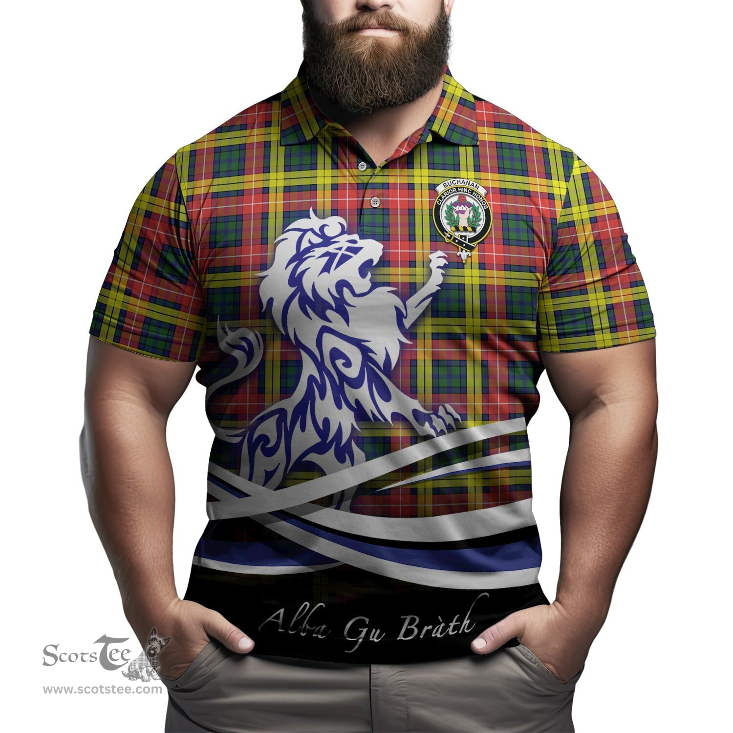 ScotsTee Shop Scottish Buchanan Modern Clan Crest Tartan Polo Shirt Alba Gu Brath Regal Lion Emblem