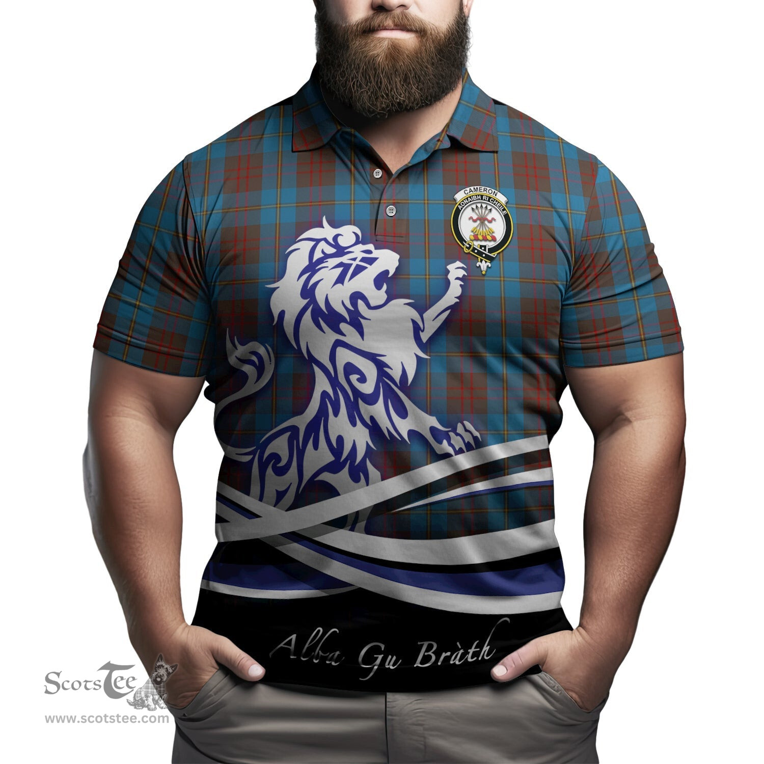 ScotsTee Shop Scottish Cameron Hunting Clan Crest Tartan Polo Shirt Alba Gu Brath Regal Lion Emblem