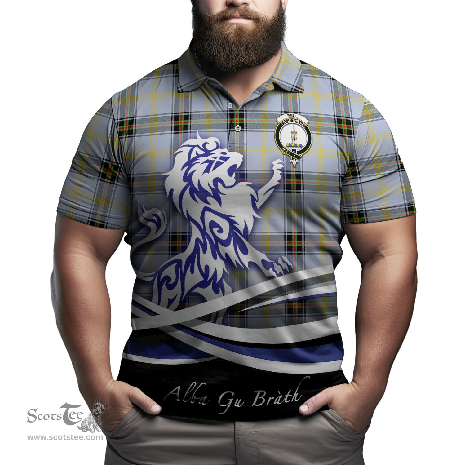 ScotsTee Shop Scottish Bell Clan Crest Tartan Polo Shirt Alba Gu Brath Regal Lion Emblem