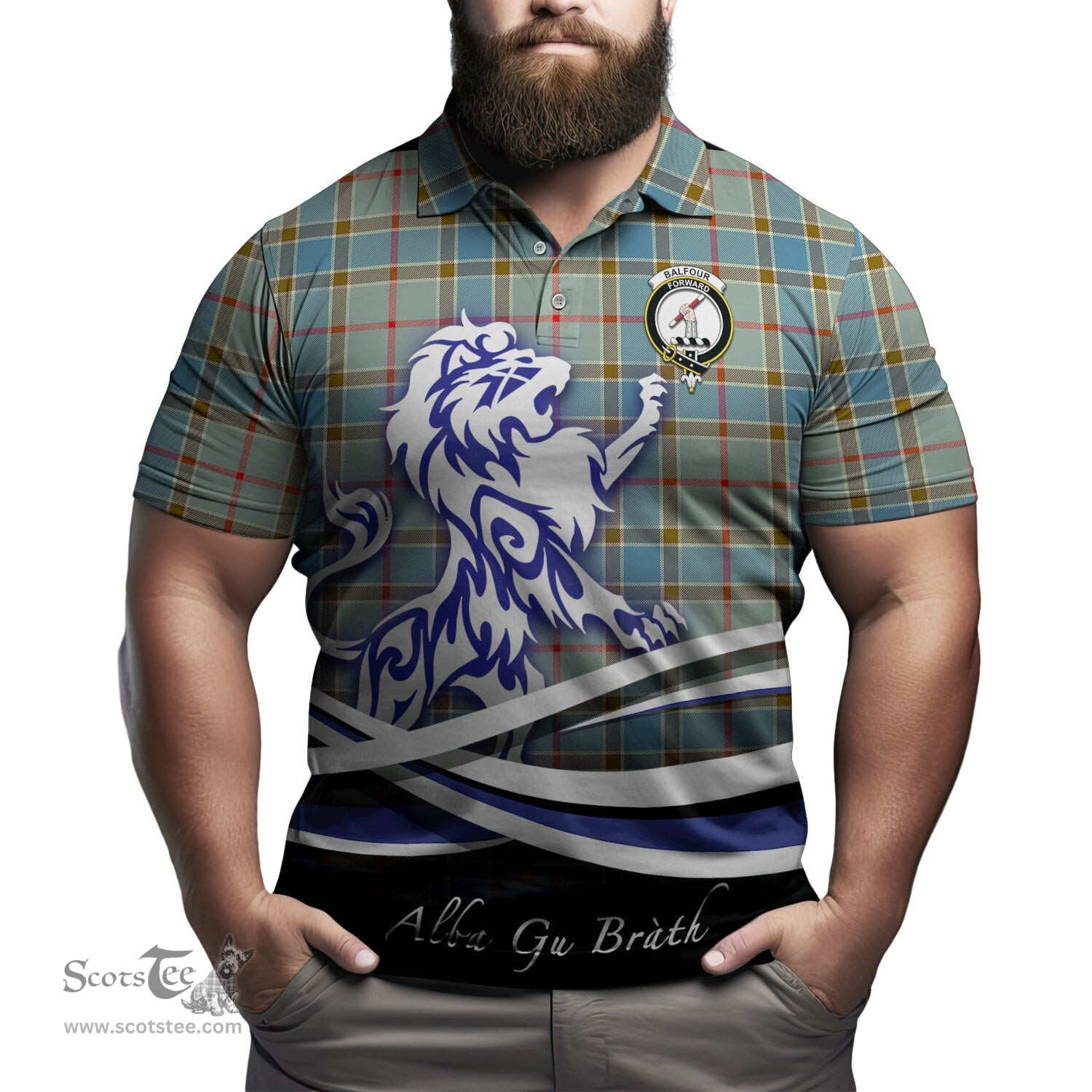 ScotsTee Shop Scottish Balfour Blue Clan Crest Tartan Polo Shirt Alba Gu Brath Regal Lion Emblem