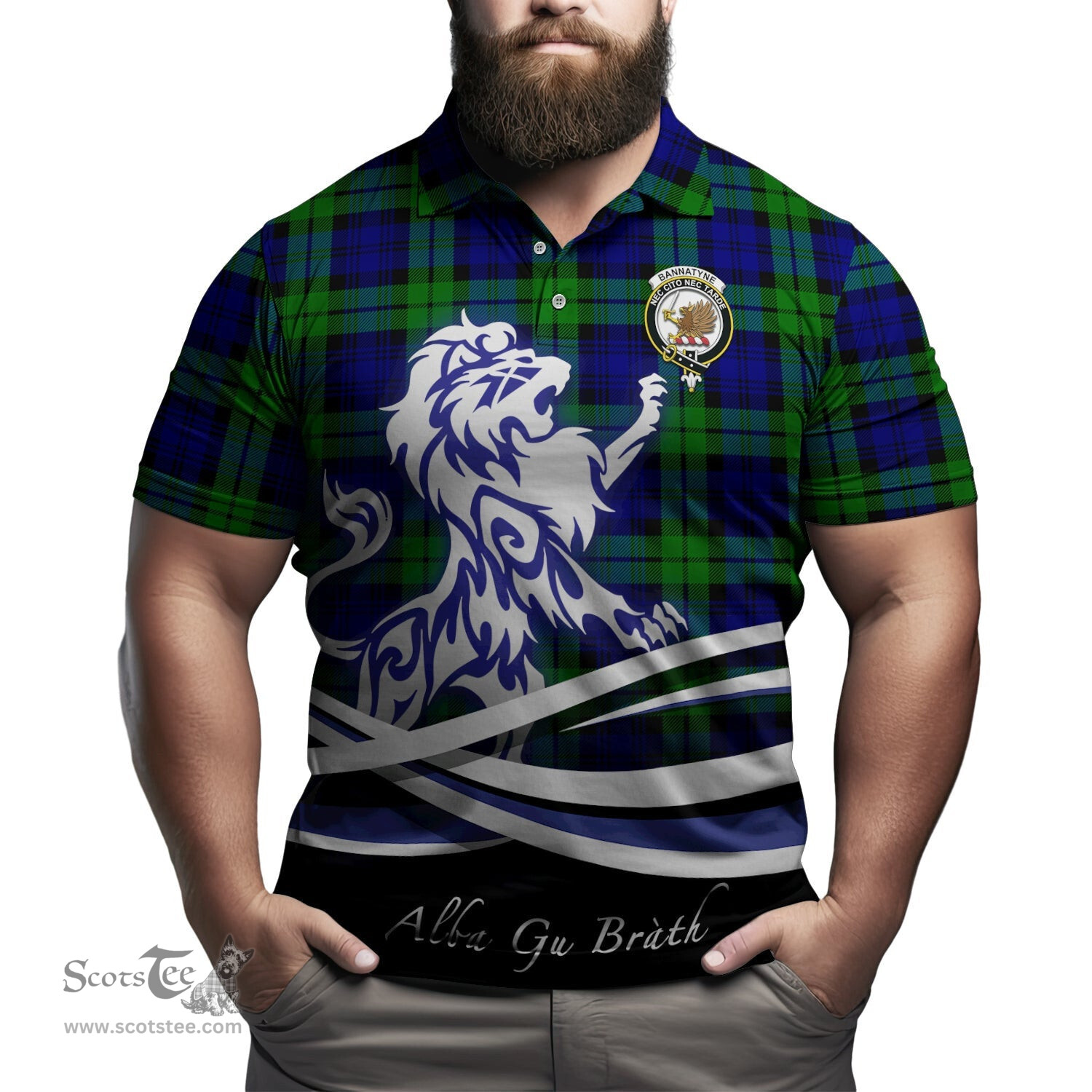 ScotsTee Shop Scottish Bannatyne Clan Crest Tartan Polo Shirt Alba Gu Brath Regal Lion Emblem