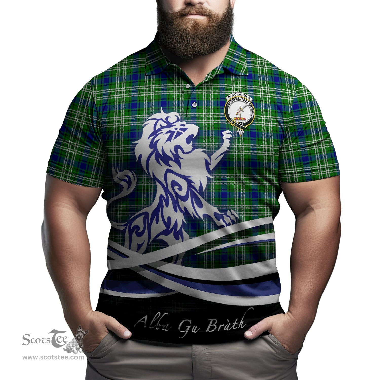 ScotsTee Shop Scottish Blackadder Clan Crest Tartan Polo Shirt Alba Gu Brath Regal Lion Emblem