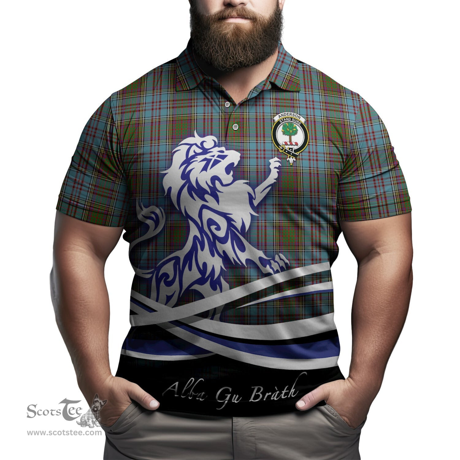 ScotsTee Shop Scottish Anderson Clan Crest Tartan Polo Shirt Alba Gu Brath Regal Lion Emblem