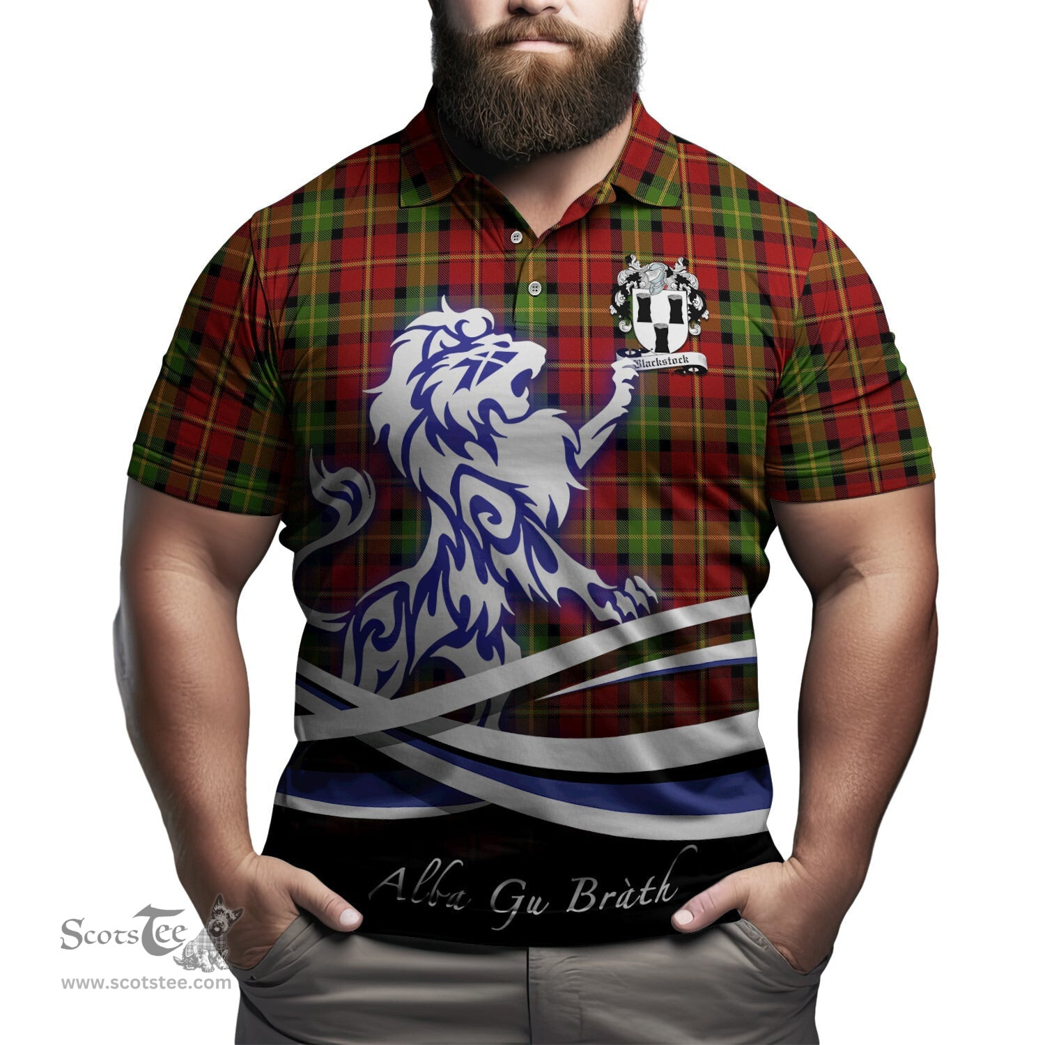 ScotsTee Shop Scottish Blackstock Red Dress Clan Crest Tartan Polo Shirt Alba Gu Brath Regal Lion Emblem