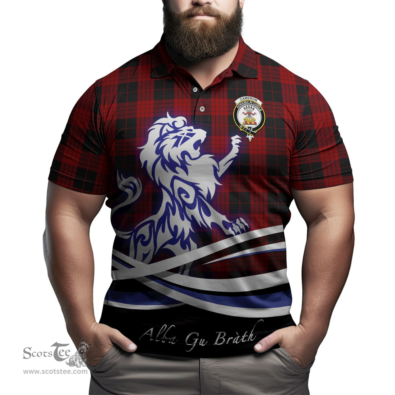 ScotsTee Shop Scottish Cameron Black and Red Clan Crest Tartan Polo Shirt Alba Gu Brath Regal Lion Emblem