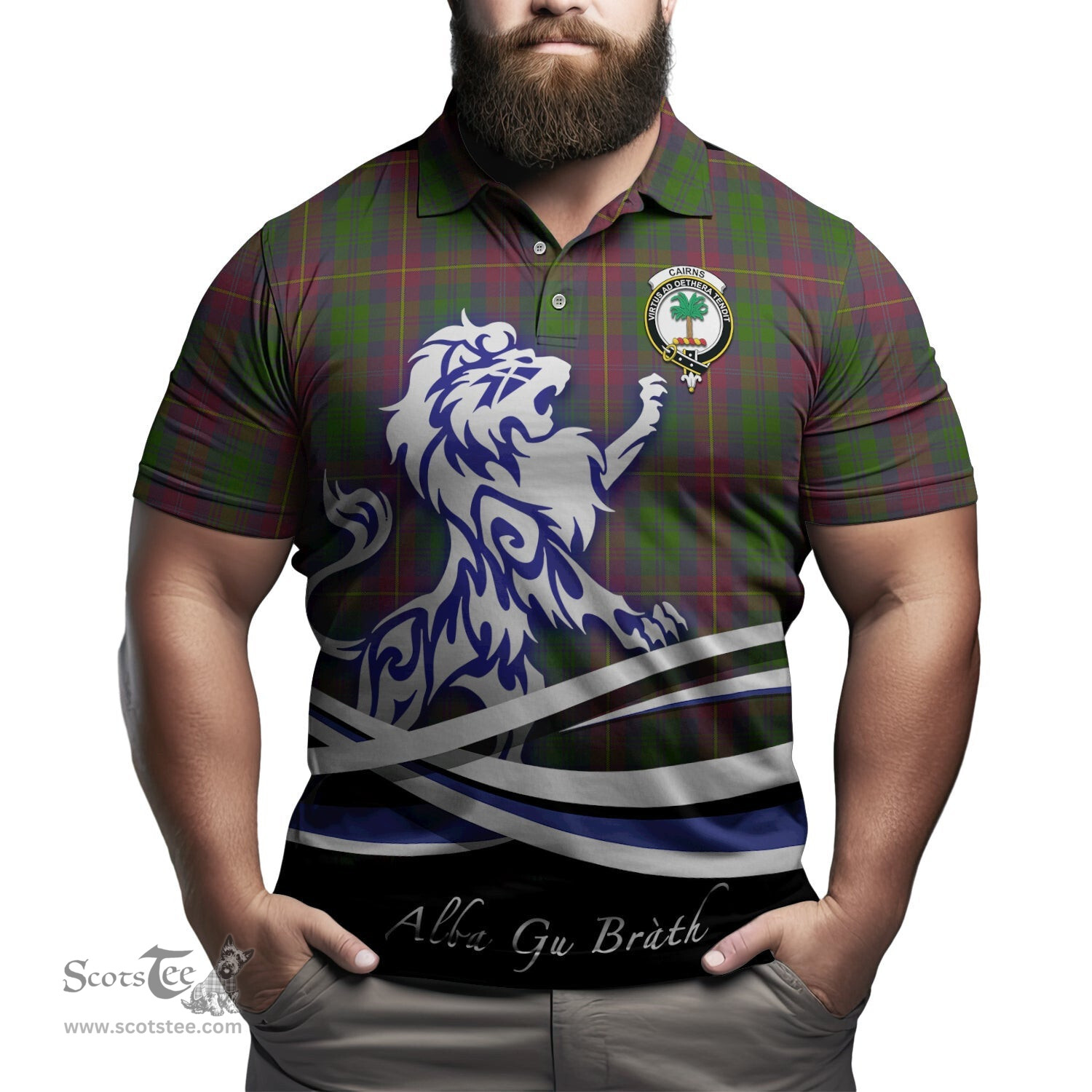 ScotsTee Shop Scottish Cairns Clan Crest Tartan Polo Shirt Alba Gu Brath Regal Lion Emblem